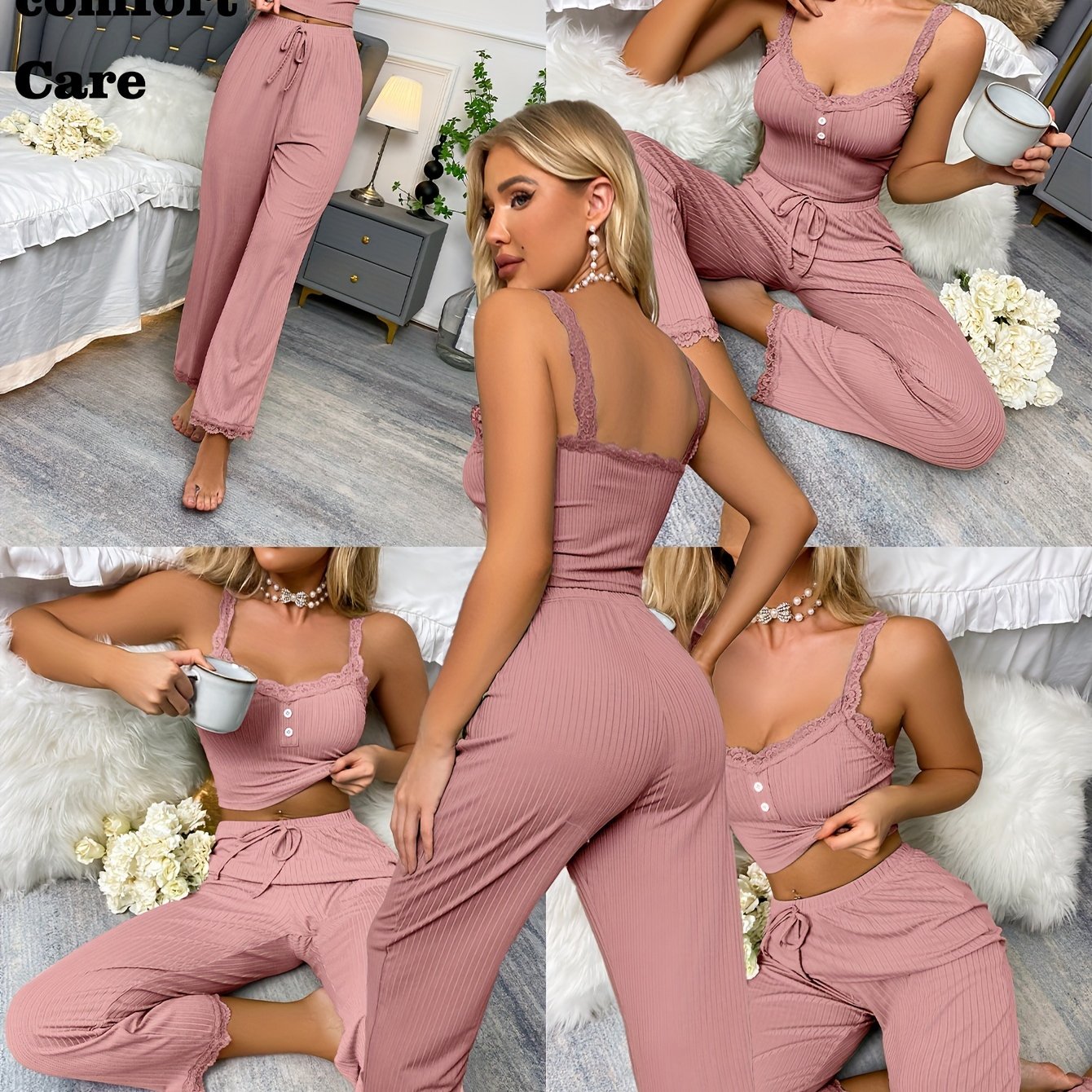 Women'S Sexy Lounge Set with Lace Trim, Crop Cami Top, and Drawstring Pants - Comfortable Sleepwear and Loungewear with Button Decor and Ribbed Design