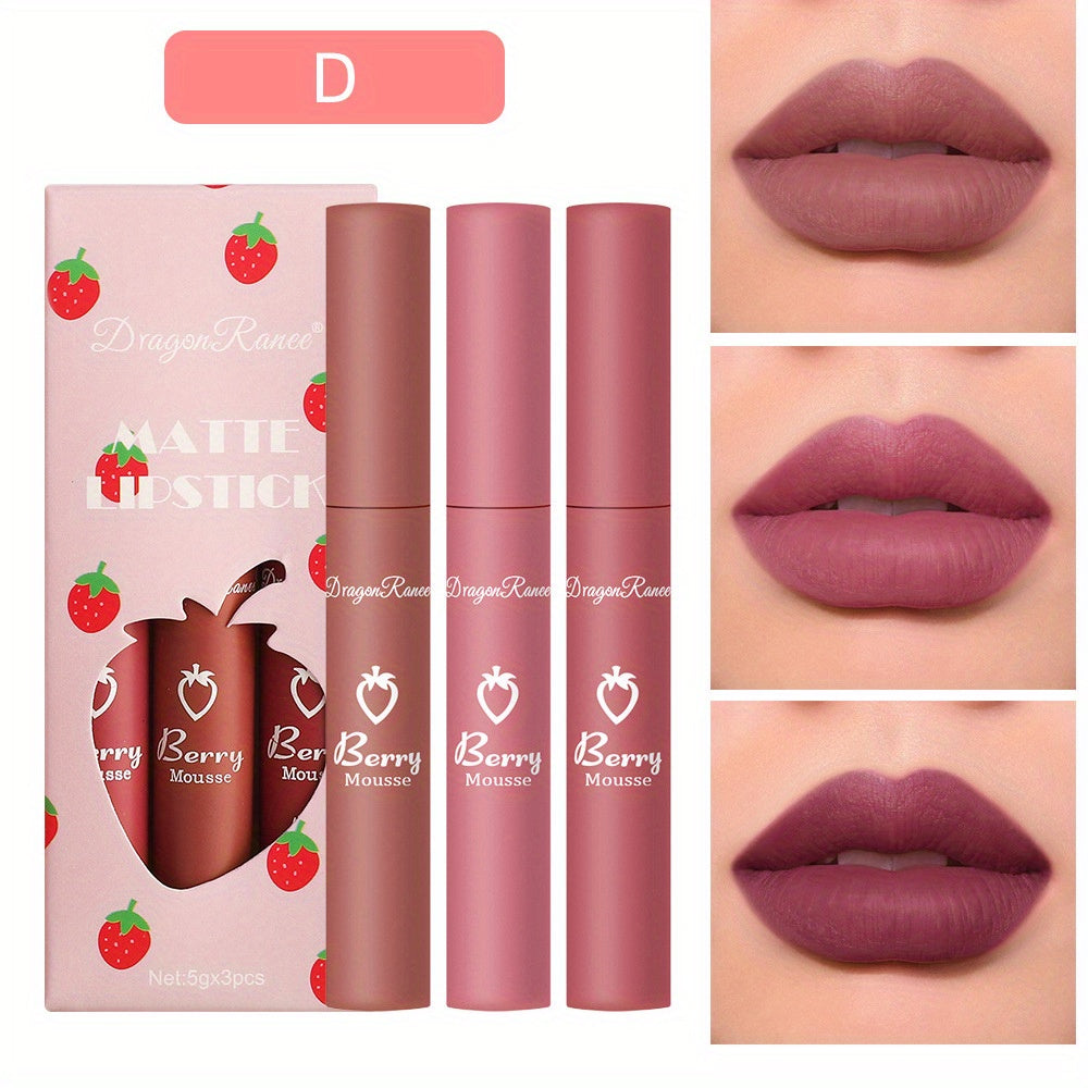 3-Color Velvet Matte Liquid Lipstick Set – Long-Lasting, Lightweight, Non-Stick Lip Color with Soft Finish, Perfect Valentine's Day Gift