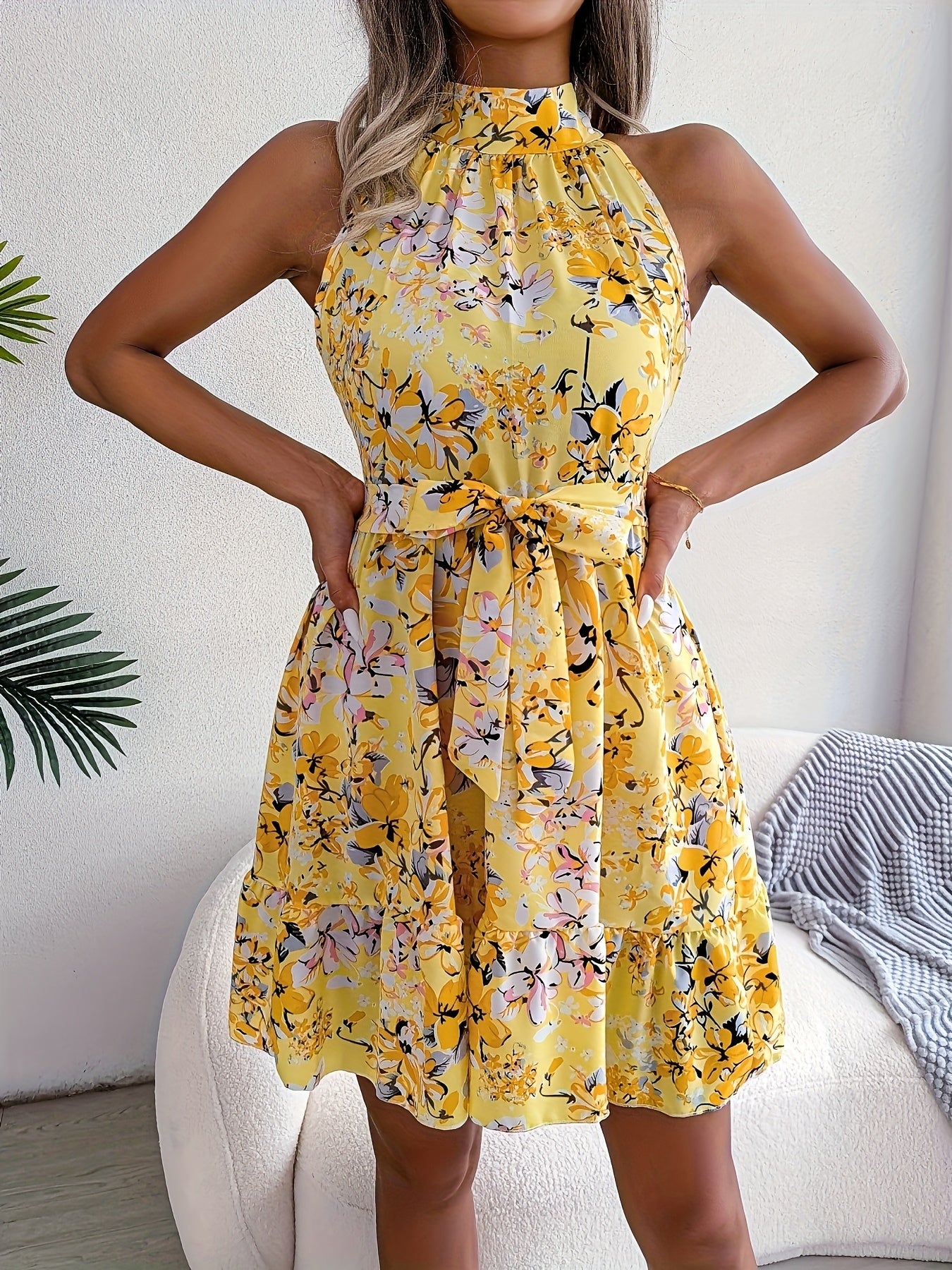 Summer Vibes | Chic Womens Yellow Floral Chiffon Summer Dress - Sleeveless Halter Top With Ruffle Detail, Flowy Knee-length Jumpsuit, Perfect For Casual Wear