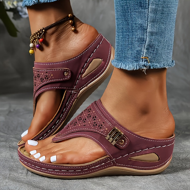 Women's Open Toe Wedge Slide Sandals – Perforated Faux Cover, Arch Support, Hook-and-Loop Closure, Soft Rubber Sole, All-Season Comfort