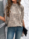 Women's Stand Collar Full Print Bat Sleeve Bow Shirt