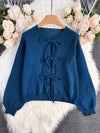 Women'S Chic Minimalist Knit Cardigan with Bow Detail - Long Sleeve, Open Front, Crew Neck Sweater in Solid Color - Ideal for Office Wear, Cute Casual Attire, Ladies Cardigan