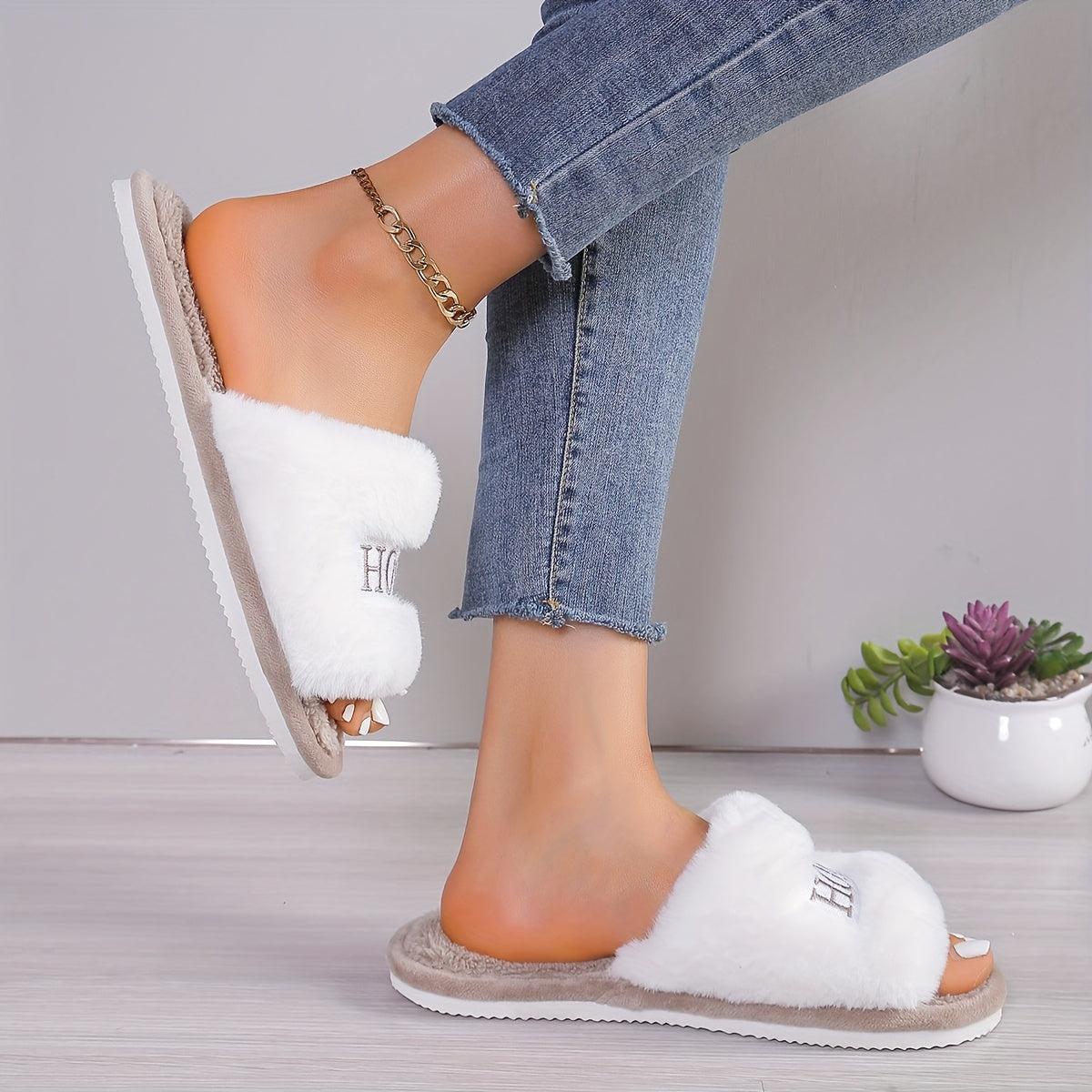 Women's Cozy Plush Home Slippers, White with "HOME" Embroidery, Soft Faux Furry Indoor Footwear, Comfortable All-Season Slip-Ons
