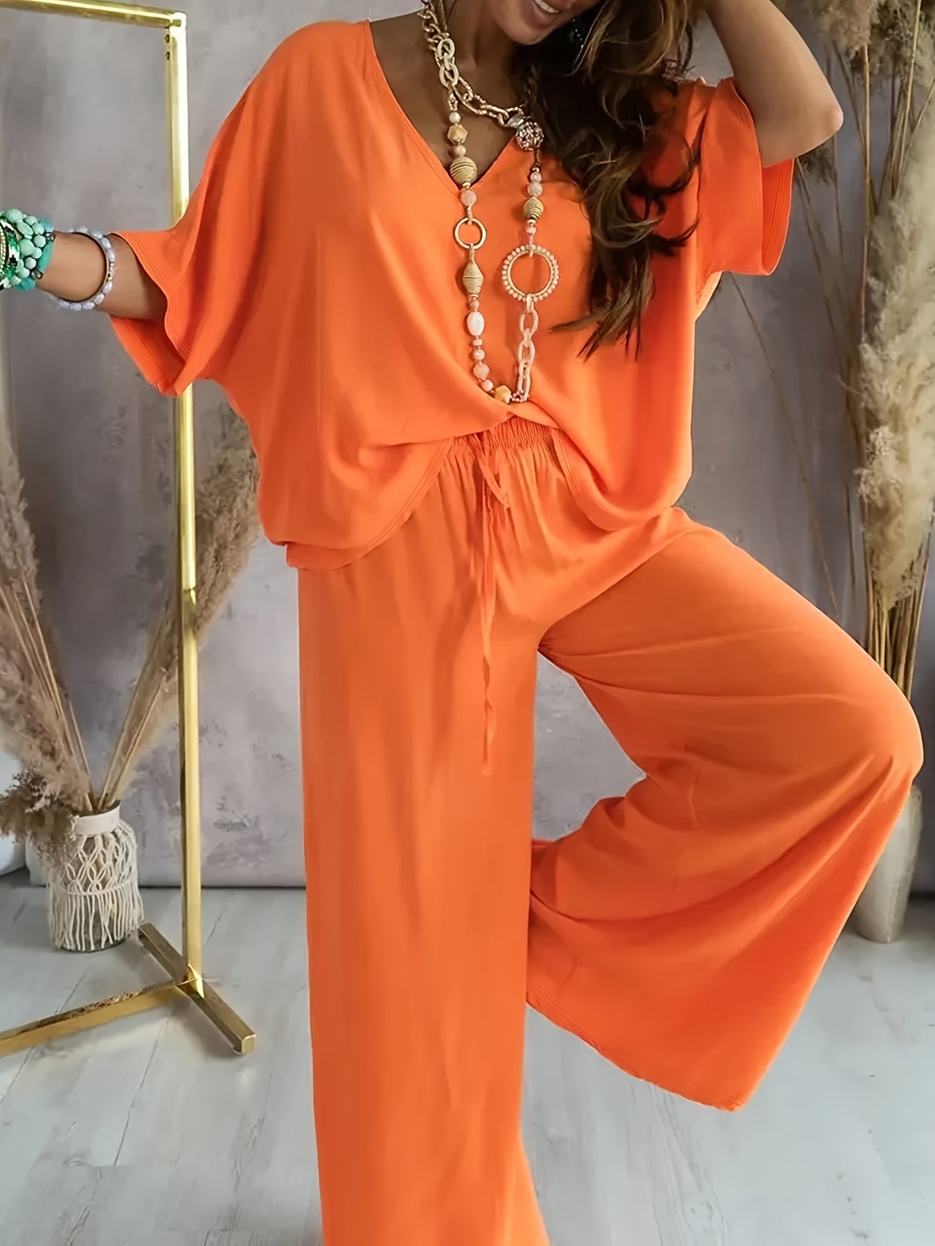 Women's Casual Solid Color Pants Set – Half Sleeve V-Neck Top & Wide Leg Pants, Lightweight Knit Outfit for Spring & Summer