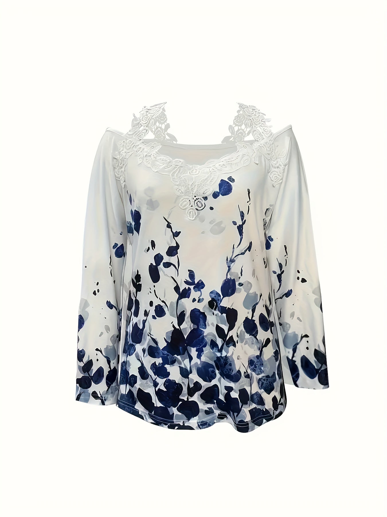 Spring And Autumn New Casual Plant Print Lace T-shirt Off-shoulder Long-sleeved Top -  For Women - Suitable for Casual Wear - Perfect Gift for Fashion Lovers