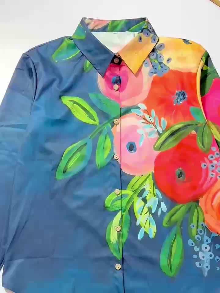 Vibrant Color Print Long Sleeve Casual Turnover Collar Button Shirt, Loose Fit for Daily Outing and Vacation, Must-have in Wardrobe