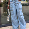 Ladies' Fashionable Retro Y2K Work Pants, High Waist Loose Wide Legs, Pockets, Comfortable Casual Style, Street Fashion Denim Pants