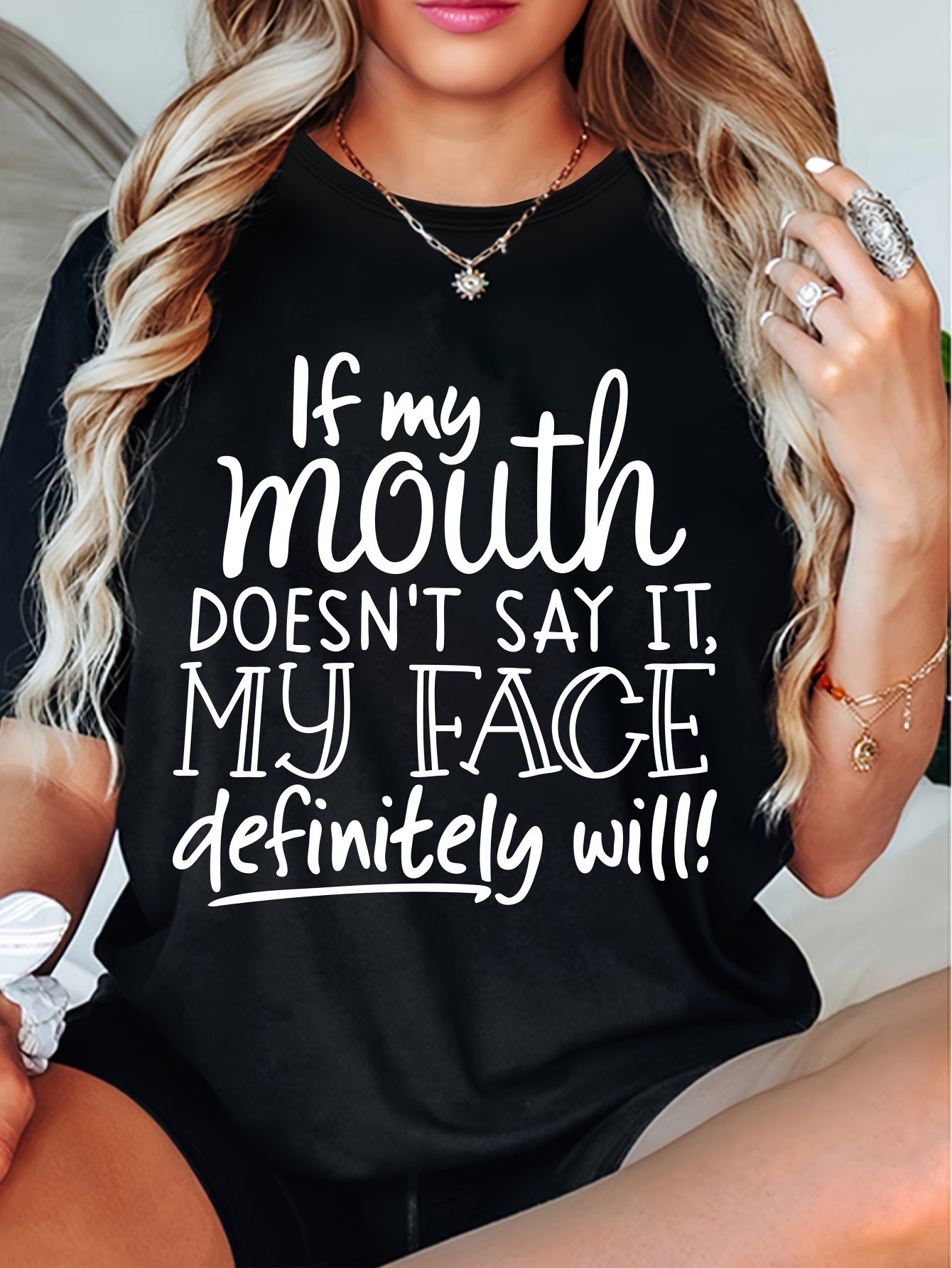 Cool Versatile Round Neck Top - Women's T-shirt - Letter Printed If My Mouth Doesn't Say It, My Face Definitely Will!!