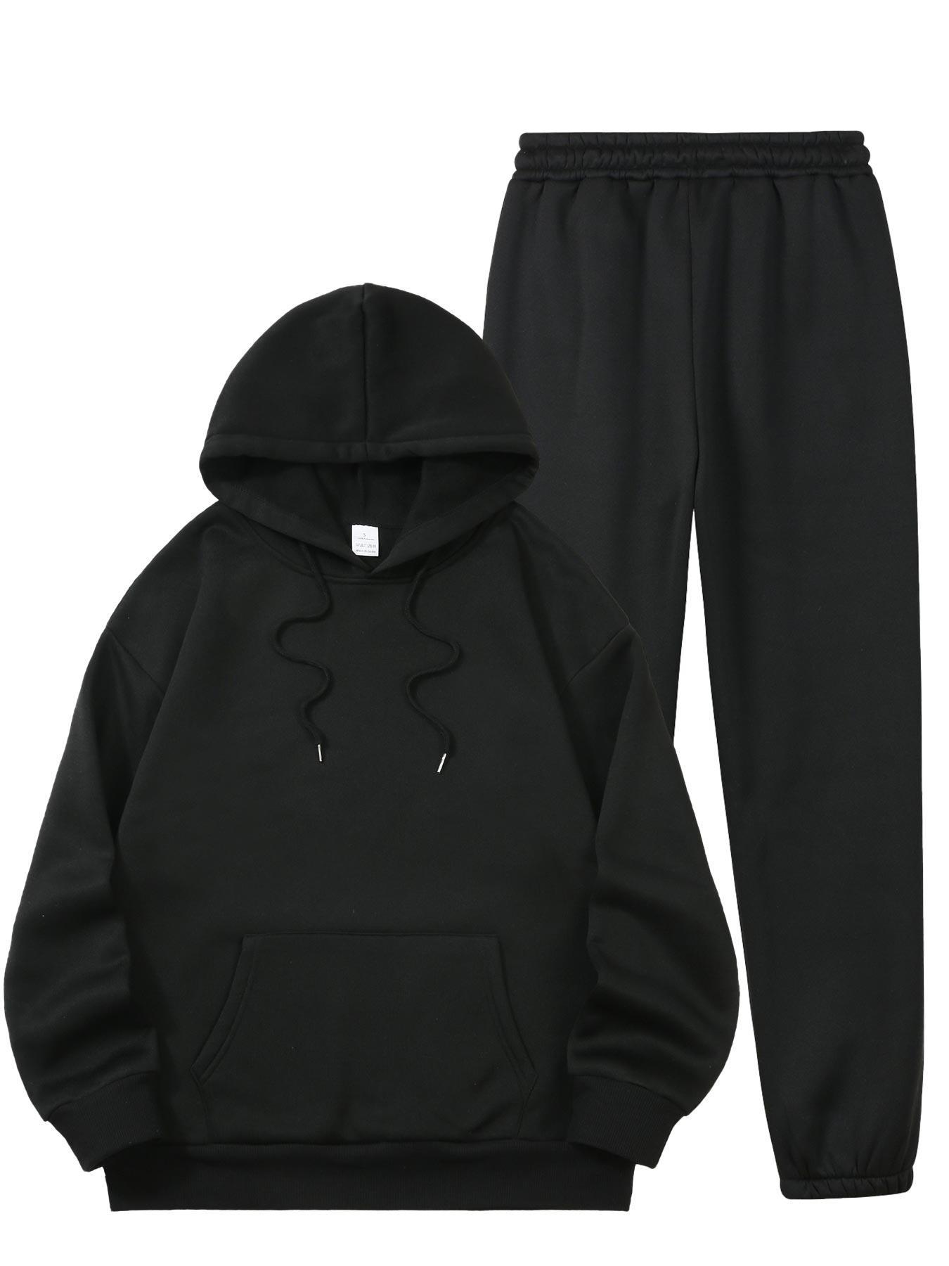 Cozy Fleece-Lined Women's Hoodie & Sweatpants Set with Letter Print - Machine Washable, Pocket Detail, Polyester