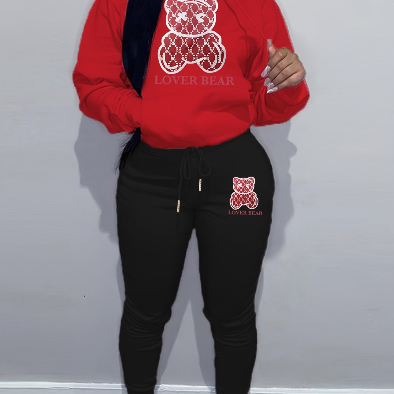 Cartoon Bear Print Two-piece Set, Drawstring Long Sleeve Hoodies & Workout Jogger Pants Outfits, Women's Clothing