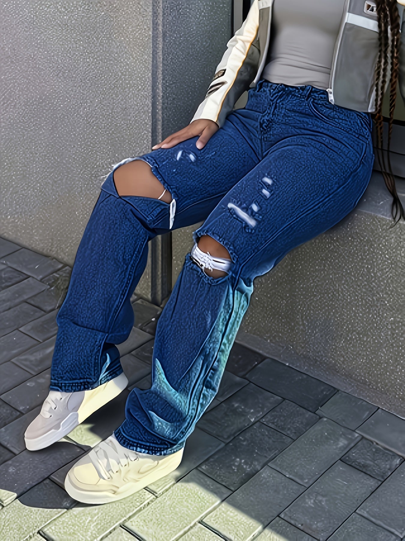 Ladies' Mid Waist Casual Ripped Denim Straight Leg Pants, Comfortable And Versatile, Suitable For Daily Use, Campus, Gatherings, And Travel