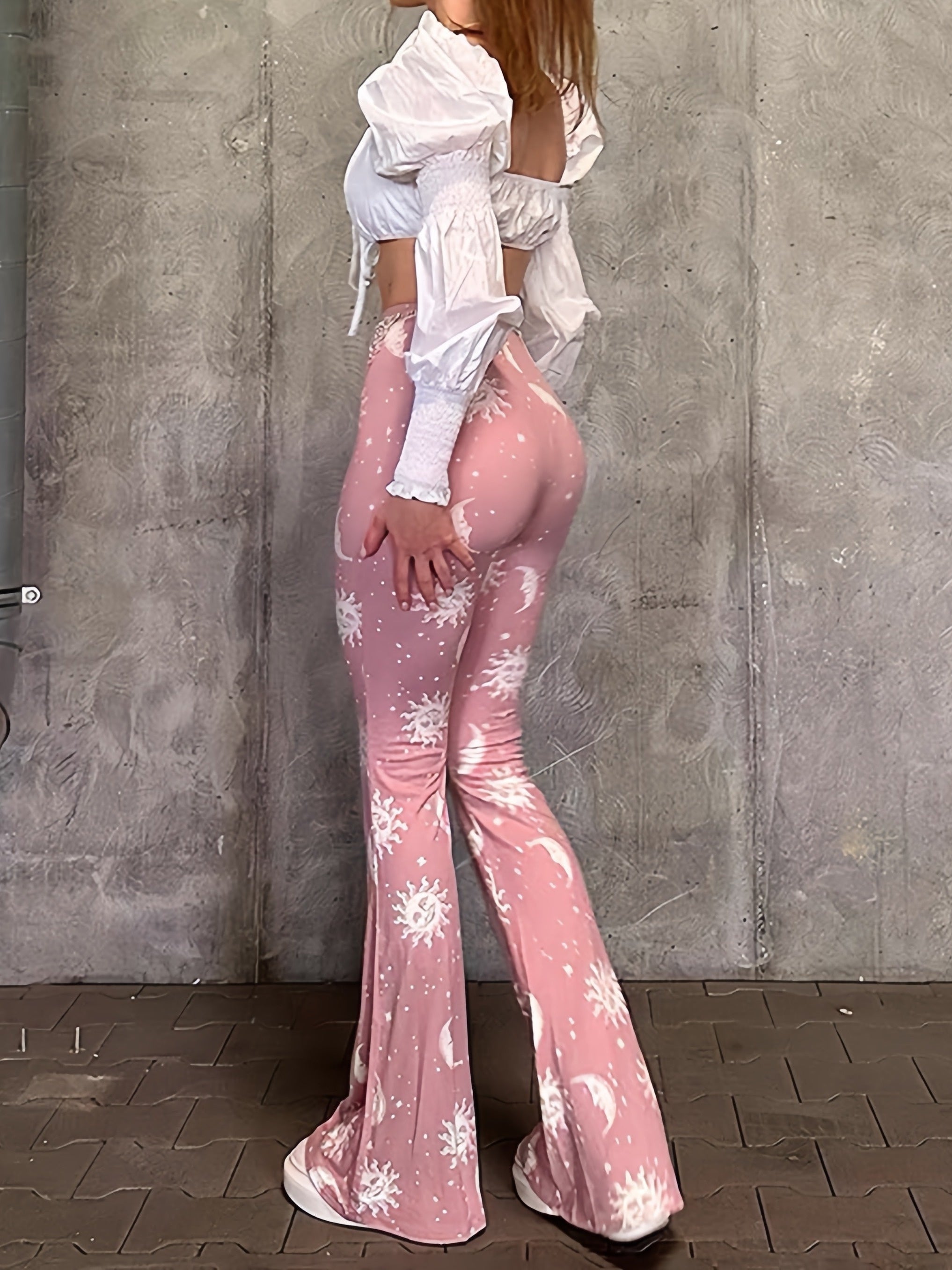 Polyester Spandex Blend Flare Leg Pants - Galaxy Moon Sun Print - Young Style for Adult Women - Spring/Fall Season
