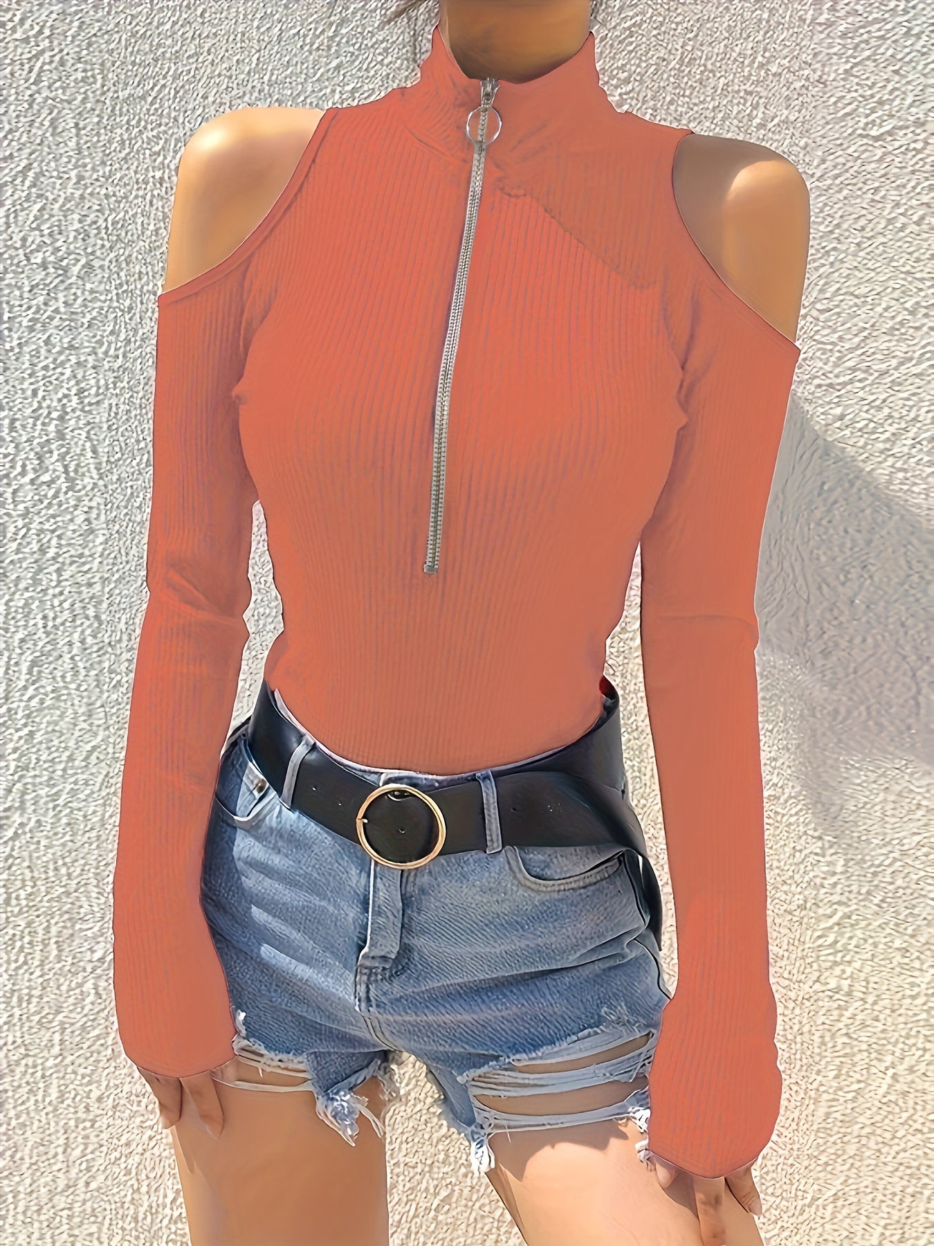 Solid Color Zip Up T-shirt, Elegant Cold Shoulder Long Sleeve Top For Spring & Fall, Women's Clothing