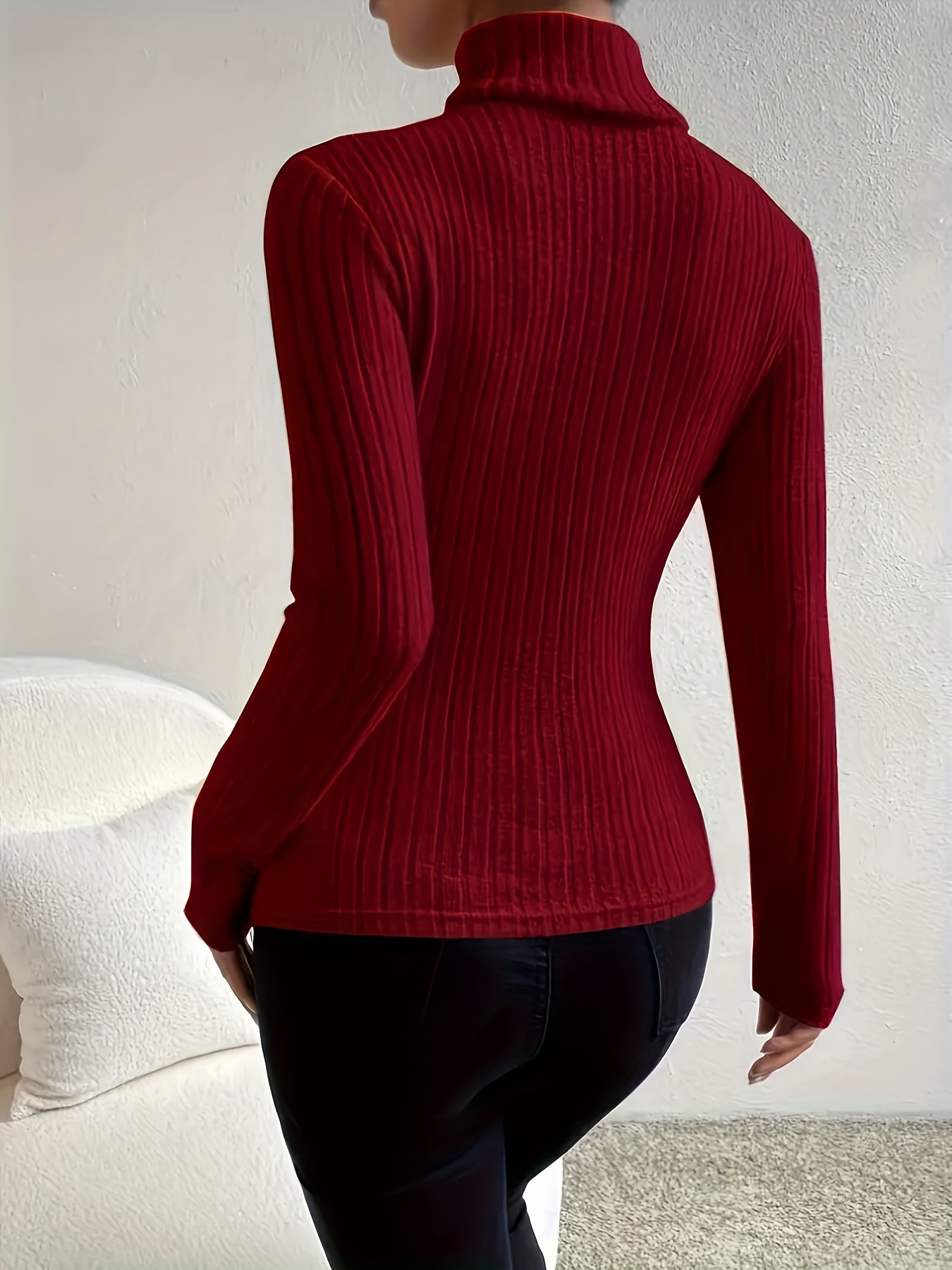 Elegant Women's Long Sleeve Turtleneck Top - Ribbed Knit, Stretchy Polyester Blend, Machine Washable - Perfect for Fall/Winter