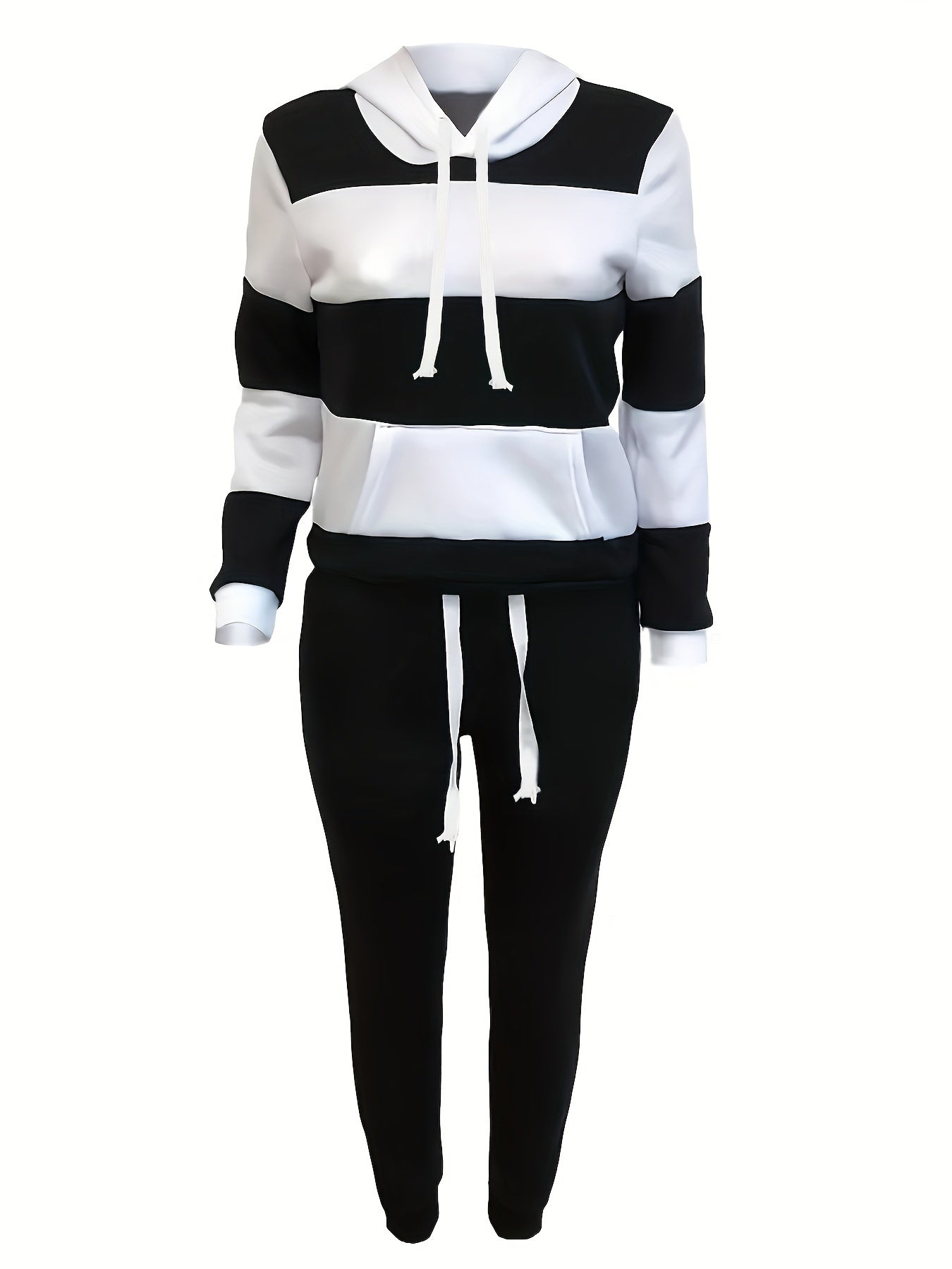 2 Pcs Cozy Striped Lounge Set - Soft Long Sleeve Kangaroo Pocket Hoodie & Drawstring Elastic Waist Jogger Sweatpants - Women's Comfortable Casual Wear for Daily Life