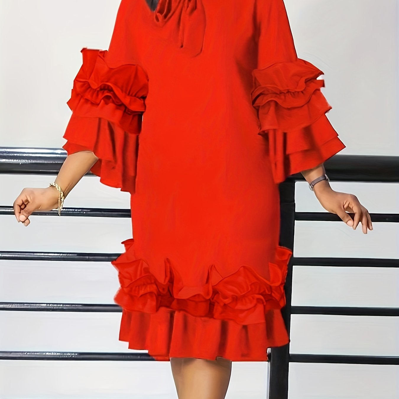 Elegant Ruffled Tie Neck Long Sleeve Dress for Women, Spring/Fall Casual Wear