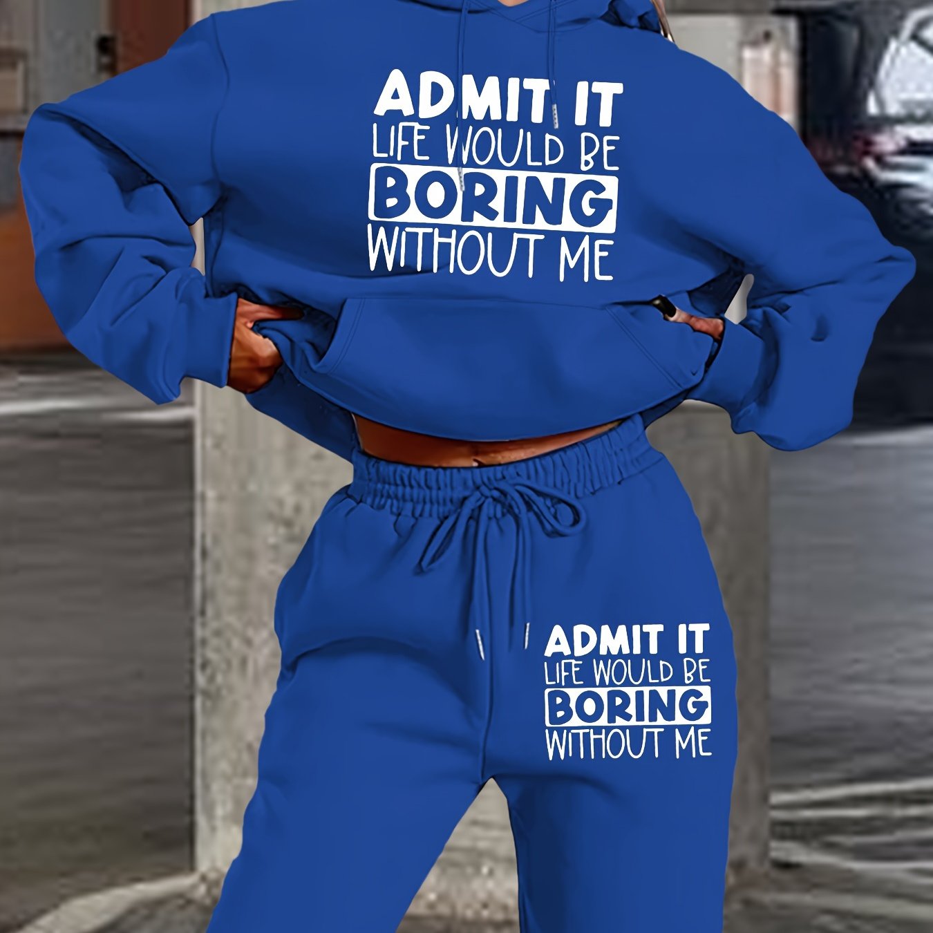 Women's Casual Hoodie & Jogger Set - Letter Print, Long Sleeve with Pockets, Polyester Blend, Machine Washable - Perfect for Fall/Winter
