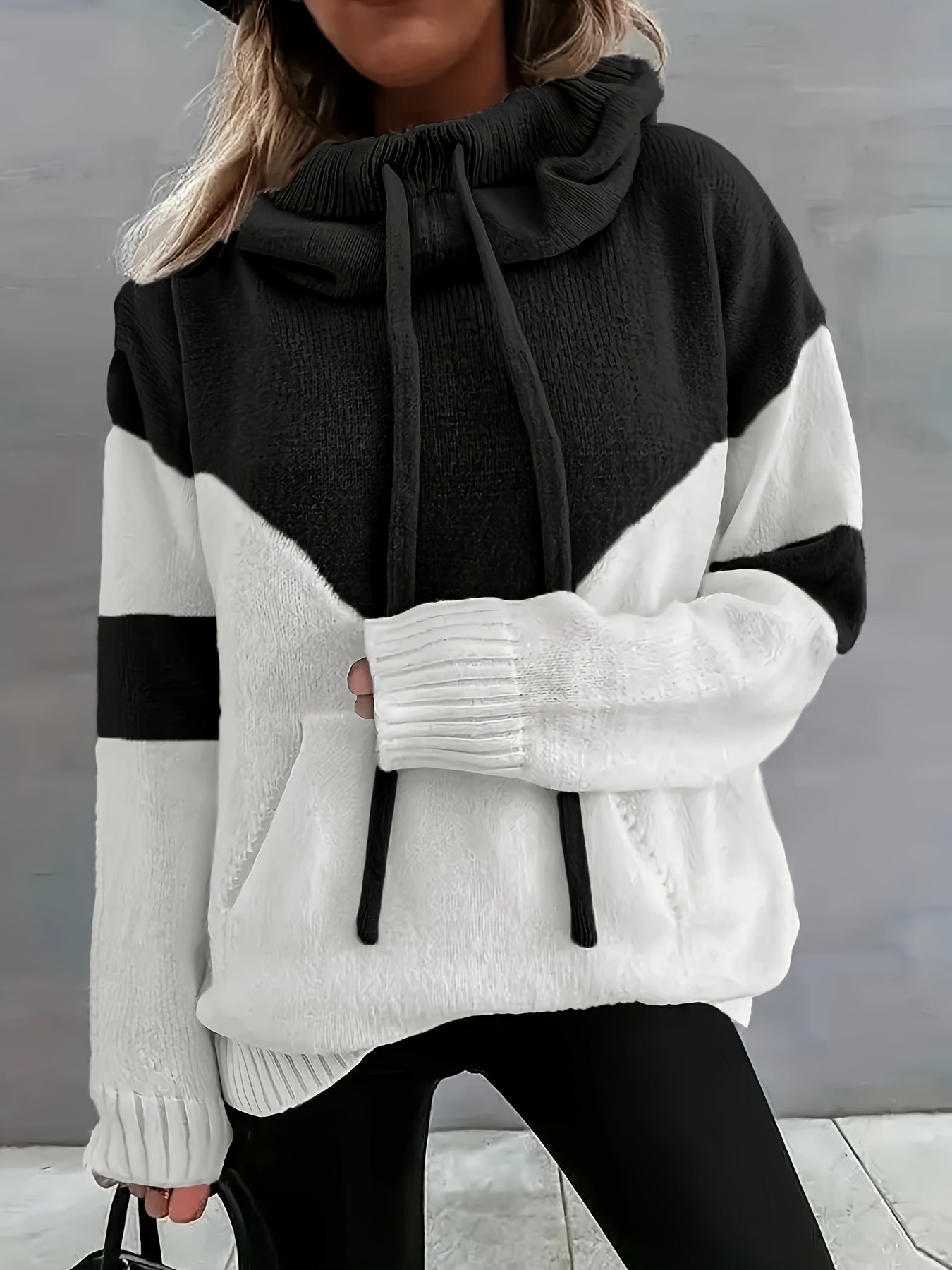 Color Block Drawstring Hooded Sweatshirt, Women's Long Sleeve Casual Pullover Sweater with Pocket