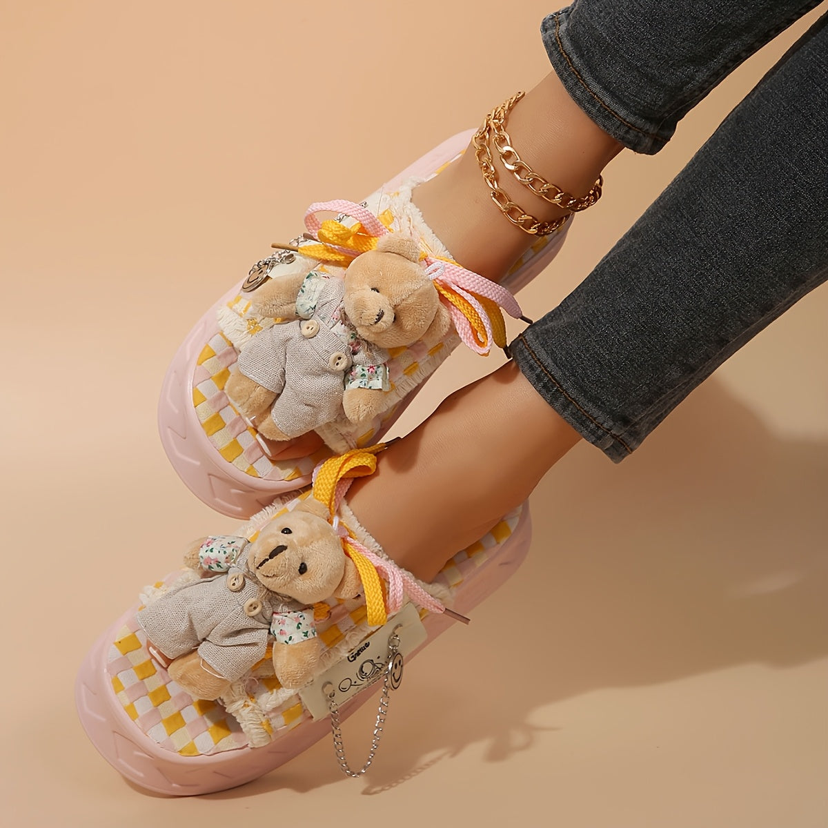 Women's Cute Bear Charm Slide Sandals - Comfy Thick Sole Pink Platform Shoes with Checkered Pattern, Casual Open-Toe Design for Casual Attire, Strappy Sandals