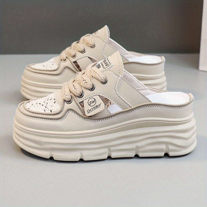 Comfortable Breathable Women's Platform Mule Sneakers, Casual Cutout Design Lace Up Summer Shoes