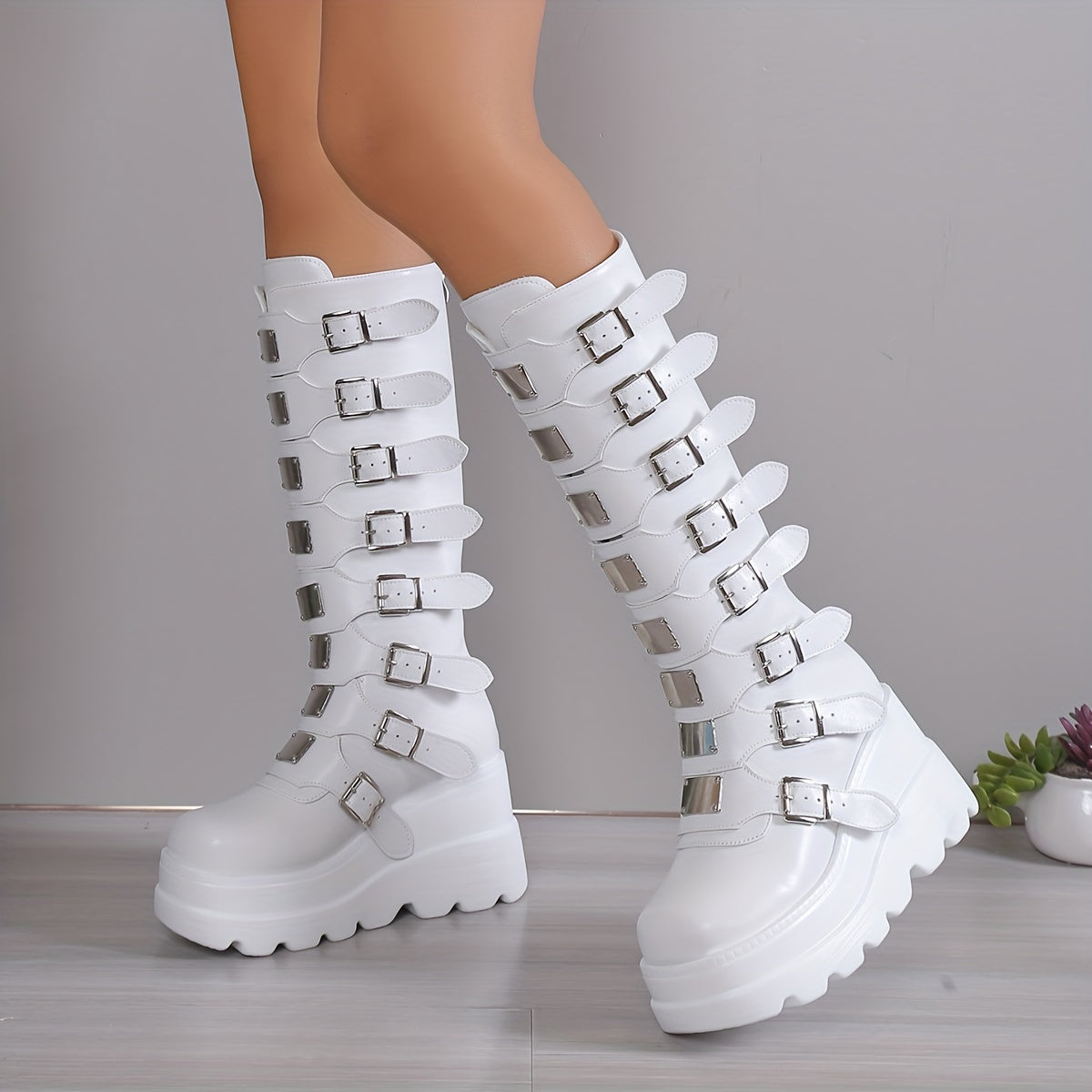 Womens Stylish Wedge Heel Boots with Fashion Buckle Straps - Platform Design, Back Zipper Closure - Perfect for Carnaval & Music Festivals - Trendy and Comfortable