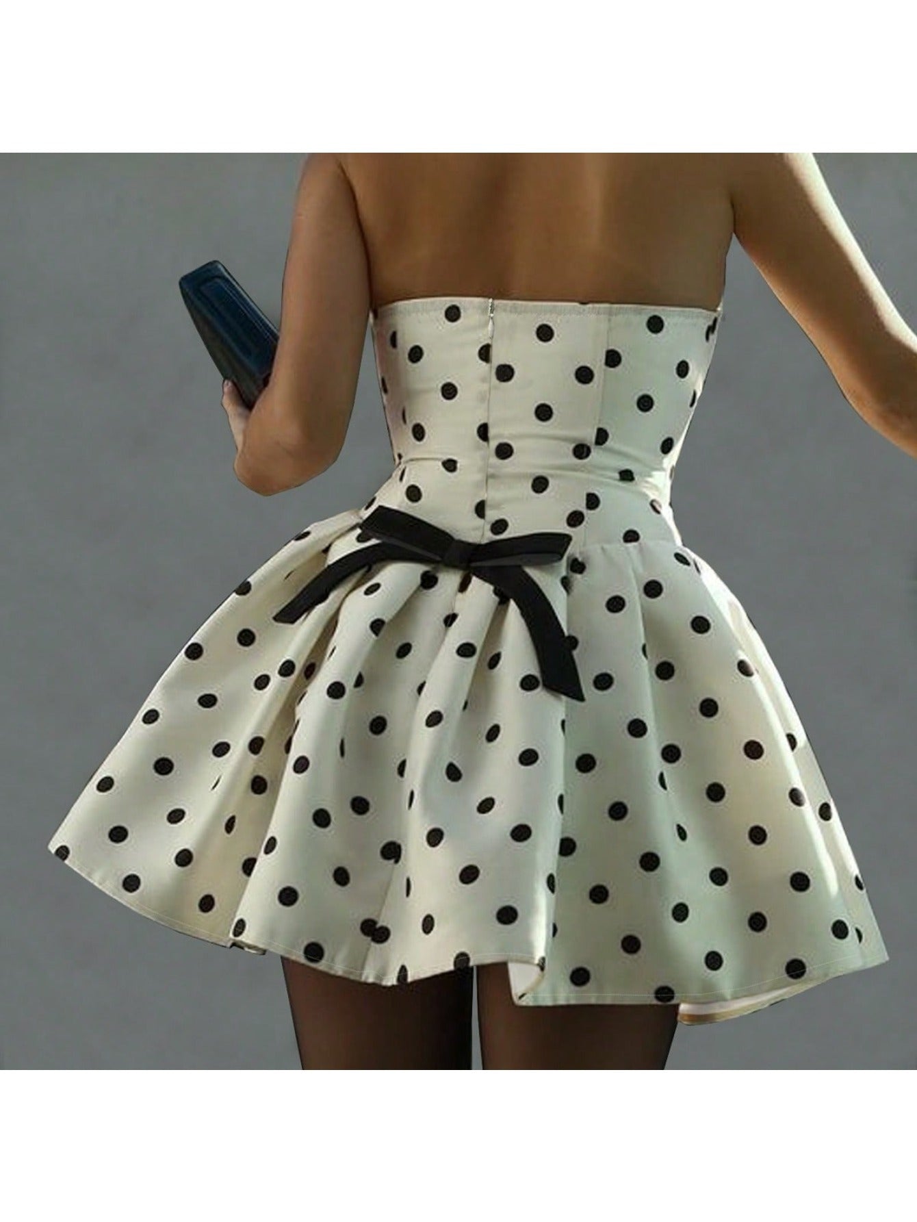 Women's Elegant Polka Dot Off-Shoulder One-Shoulder Sexy Bow Zip A-Line Short Dress