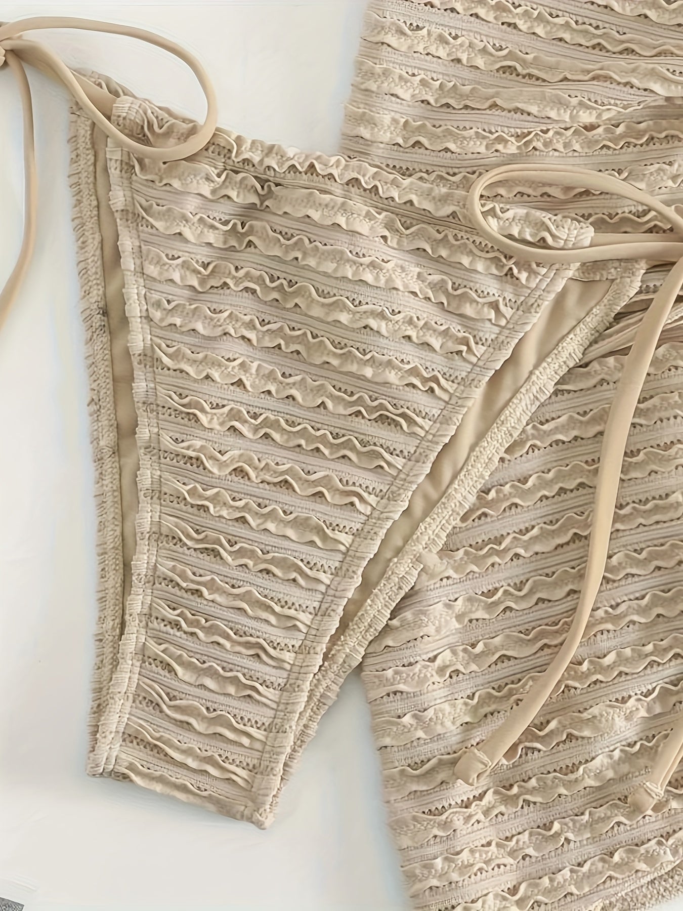 Plain Textured Fabric 3 Piece Set Bikini, Halter V Neck Tie Side High Cut With Cover Up Skirt Swimsuits, Women's Swimwear & Clothing Triangle Top