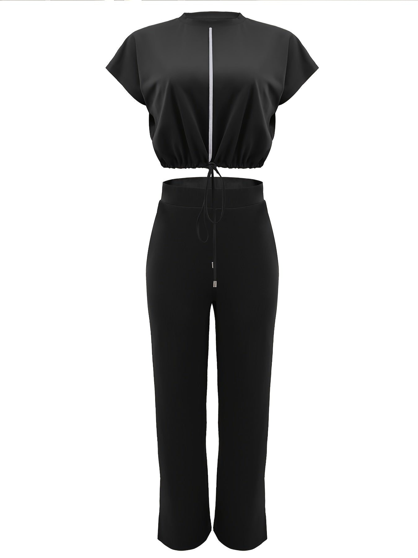 Women'S Two-piece Trouser Suit, Summer Street Style Women'S Drawstring Jacket With High-waisted Split Trouser Suit, Round Neck Jacket To Show Height, Breathable Fabric Machine Washable, Women'S Clothing
