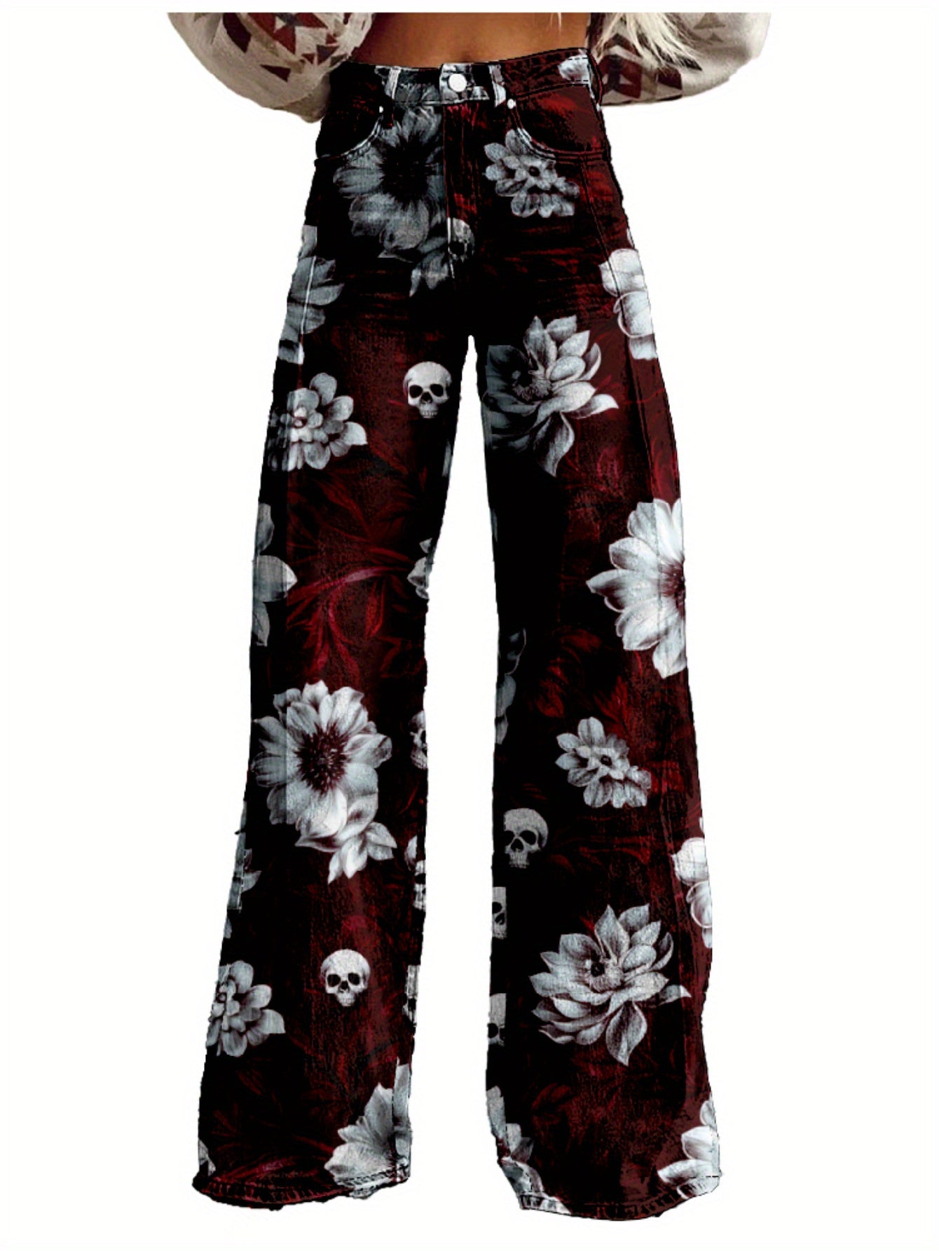 Y2K High Waisted Flared Wide Leg Pants - 3D Printed Abstract Floral & Cosmic Print Women's Trousers, Non-Stretch Machine Washable Loose Floor-Length Casual Comfort for Spring/Autumn Hip Hop Style, Spring Autumn Apparel | Thin