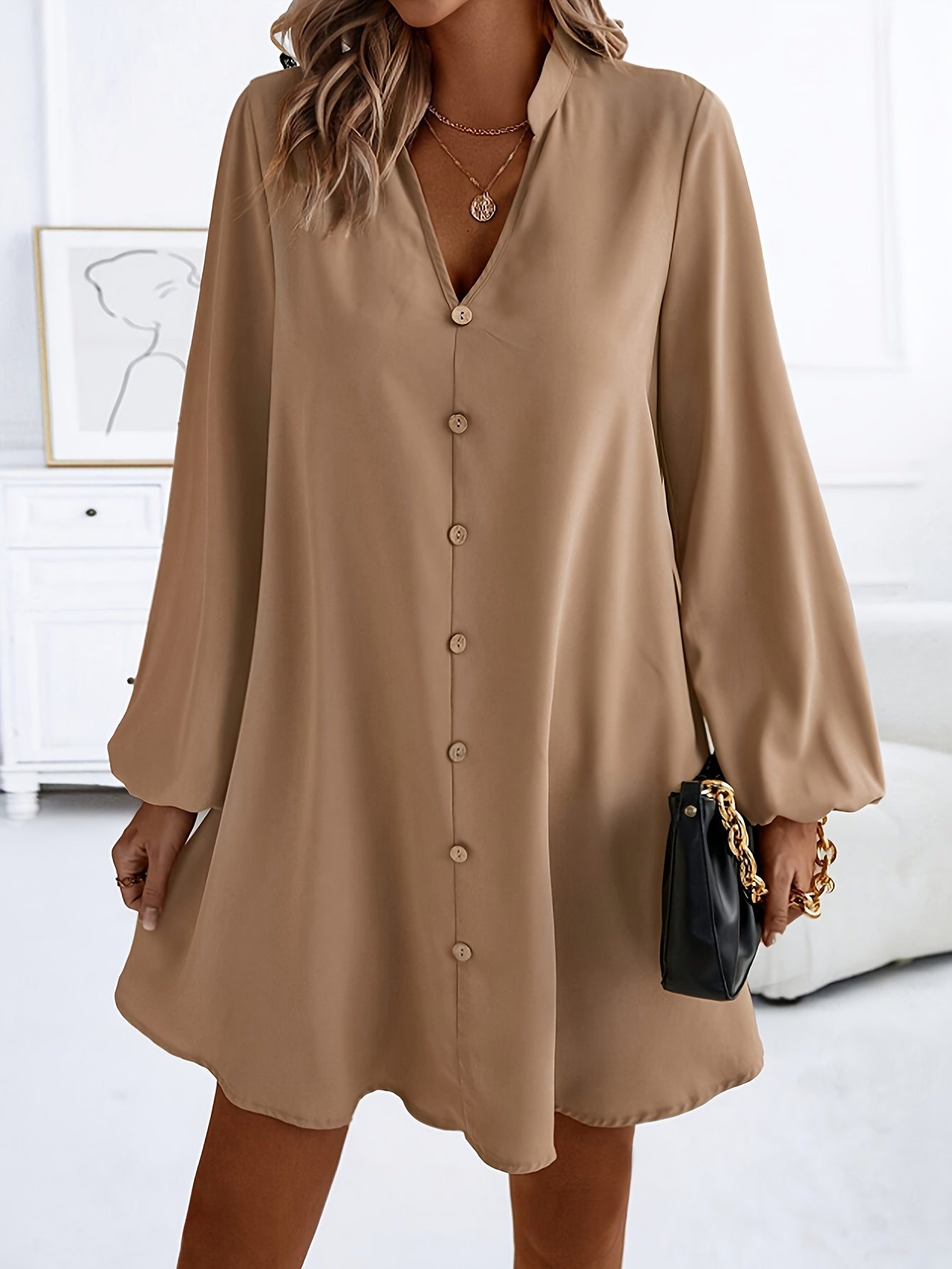 Effortlessly Chic Solid Color V-Neck Dress - Long Sleeve, Loose Fit for Spring & Fall - Stylish Womens Wardrobe Essential