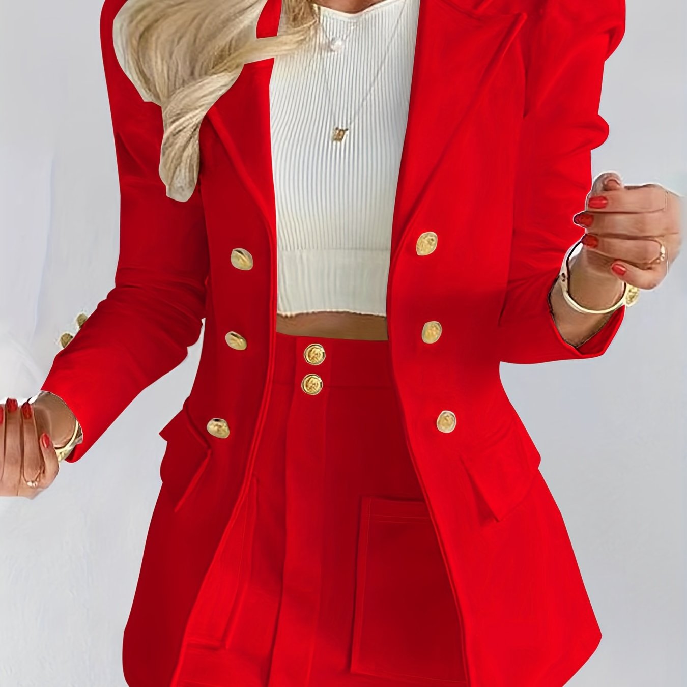 Two-piece Set, Solid Long Sleeve Elegant Blazers & Mini Skirt, Women's Clothing