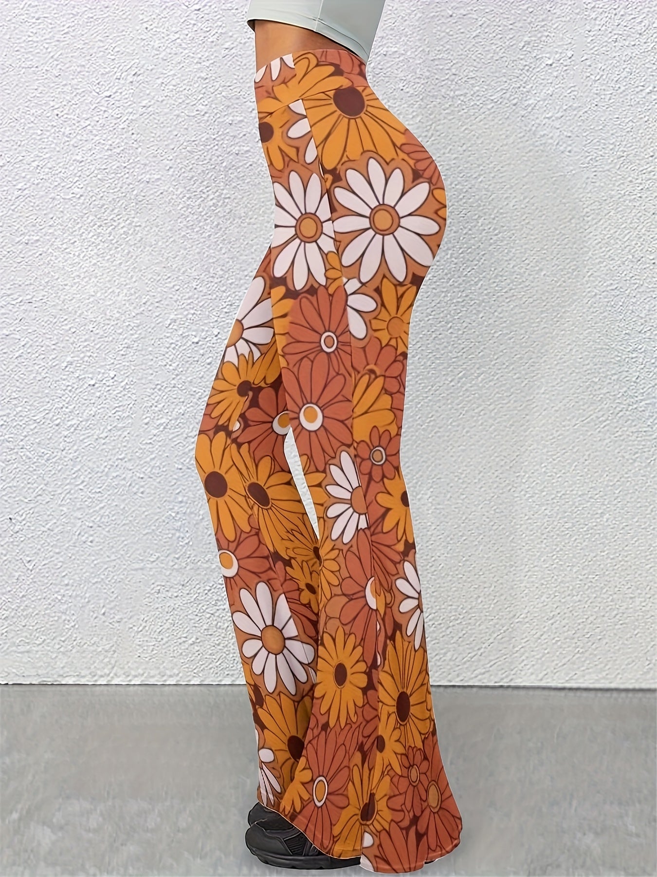 Women's High-Waist Floral Print Flare Pants - Casual, Stretchy, and Comfortable Bell Bottoms with Vibrant Orange & White Daisy Design, Loose Fit for Casual Attire, Casual Wear Pants | Retro Style Jeans | Machine Washable Pant