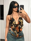 Hawaiian style random printed maple leaf backless halter top, daily casual summer wear halter top, sleeveless V-neck, irregular printed halter top, slim fit, thin shoulder strap, backless design suitable for summer casual wea