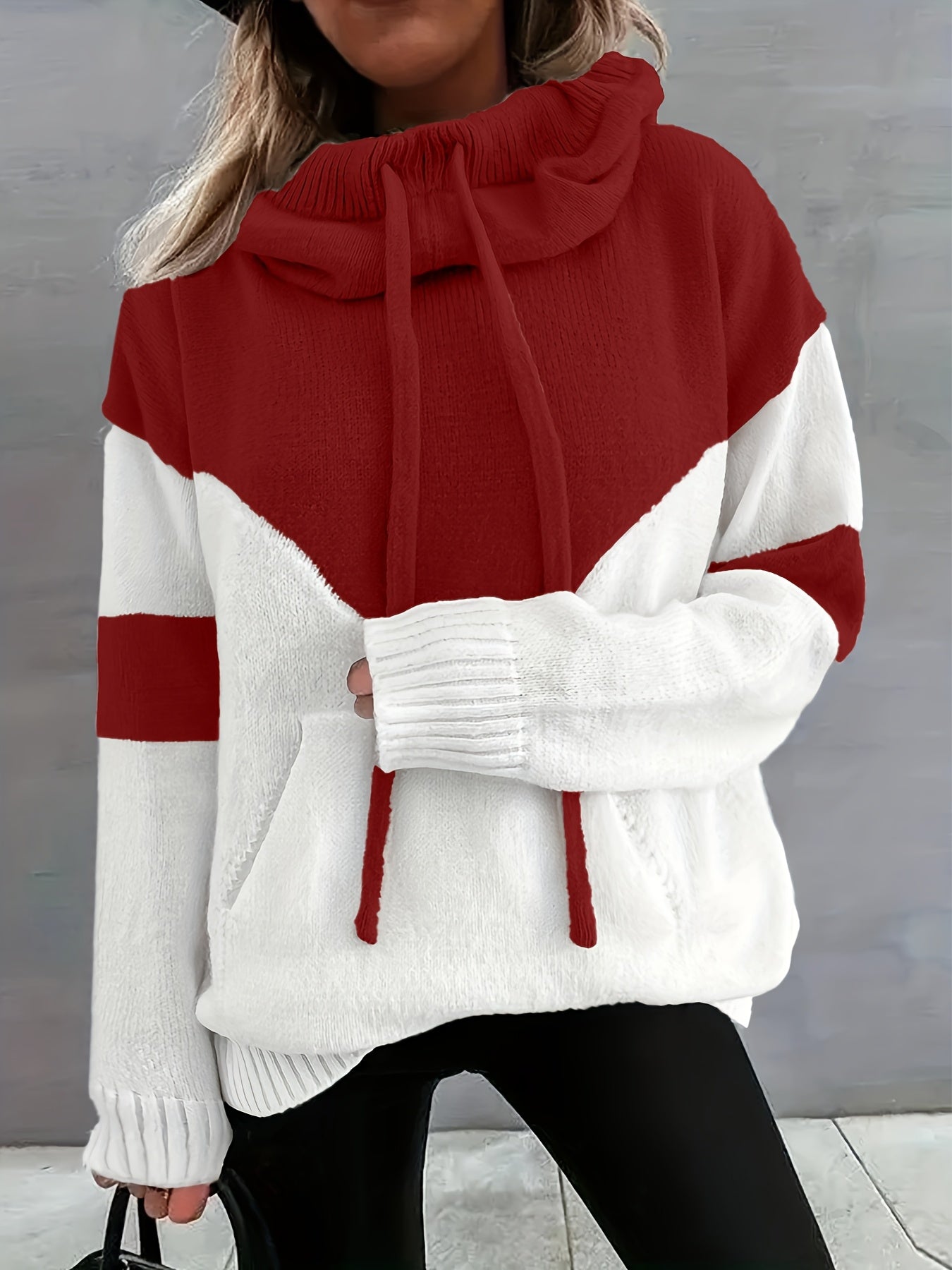 Color Block Drawstring Hooded Sweatshirt, Women's Long Sleeve Casual Pullover Sweater with Pocket