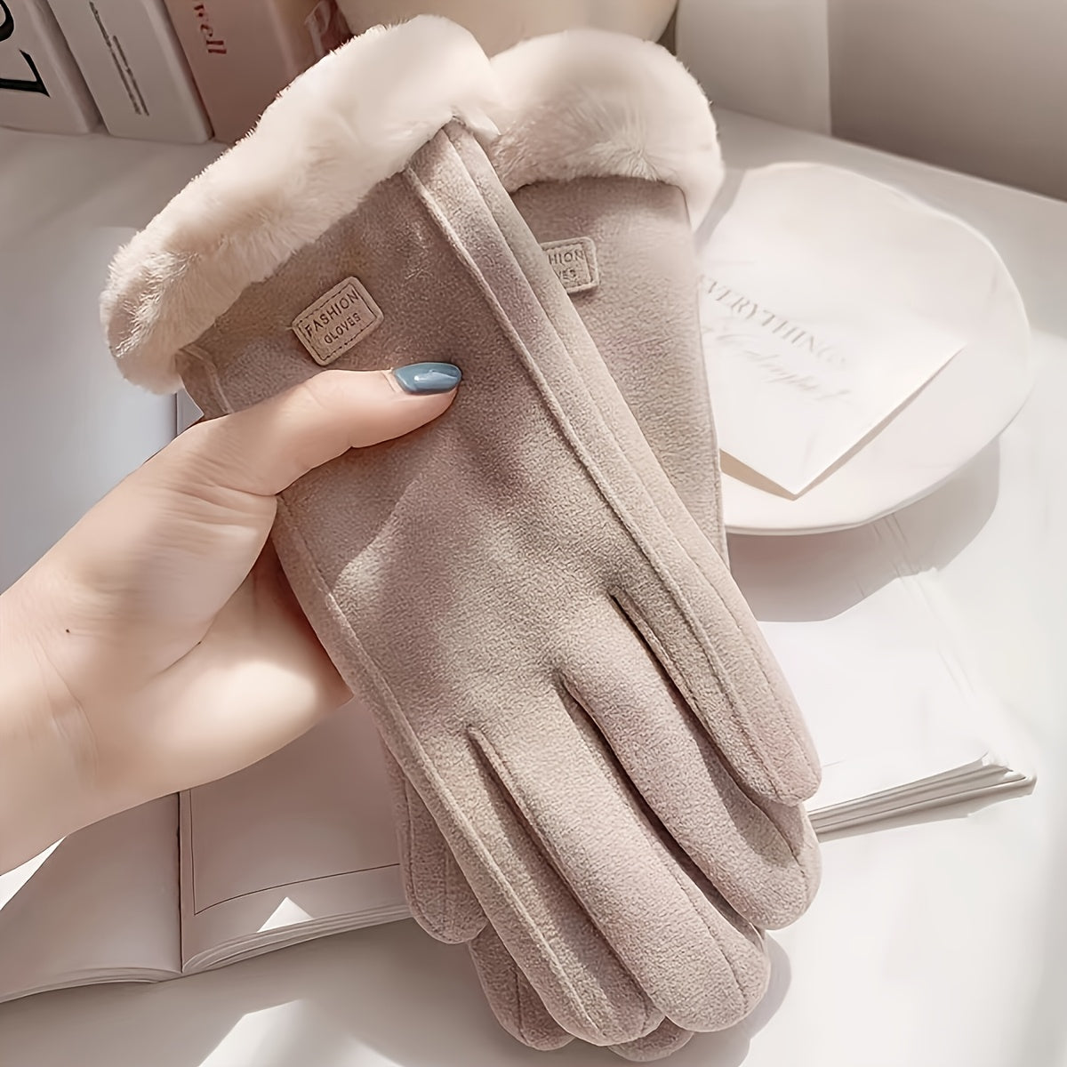 Women'S Beige Touchscreen Gloves - Thick Warm Plush Lined Full Finger Mittens for Winter, Knitted Polyester, Non-Stretch, Hand Washable, Ideal for Going Out