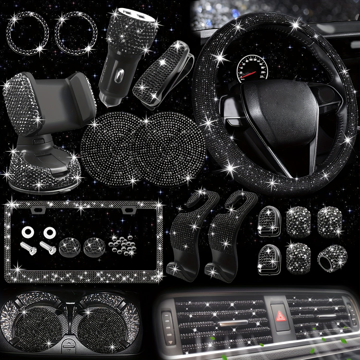 27pcs Bling Car Accessories Set for Women, Bling Steering Wheel Covers Universal Fit 15 Inch, Bling License Plate Frame, Bling Car Phone Holder, Bling Car Coasters, Bling Car Fast Charger, Bling Valve Caps