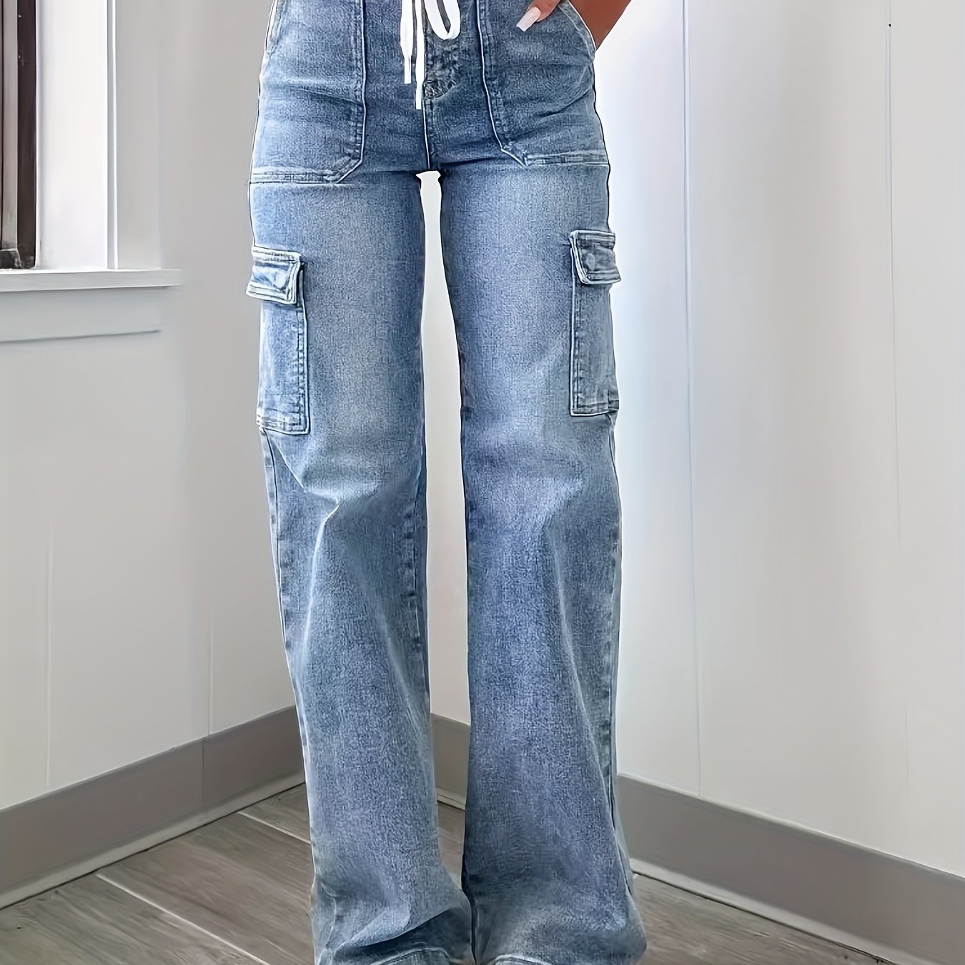2025 New Style Women'S Leisure Straight-leg Jeans With Laces And Multiple Pockets. Casual Fashion Denim Fabric Sweatpants Jeans Fit Womenswear