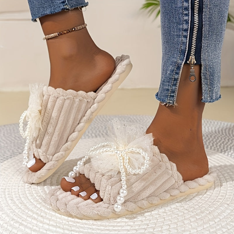 Fashion Bowknot Faux Fur Slippers for Women - Plush Open Toe Home Slip-ons with Pearl Accents, Non-slip EVA Sole, Cozy Fabric Interior