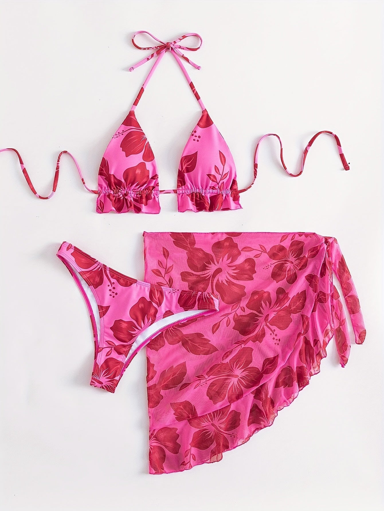 3 Piece Set: Floral Pattern Halter V Neck Tie Back Backless High Cut Bikini Swimsuits with Ruffle Hem Cover Up Skirt, Women's Triangle Top Swimwear & Clothing