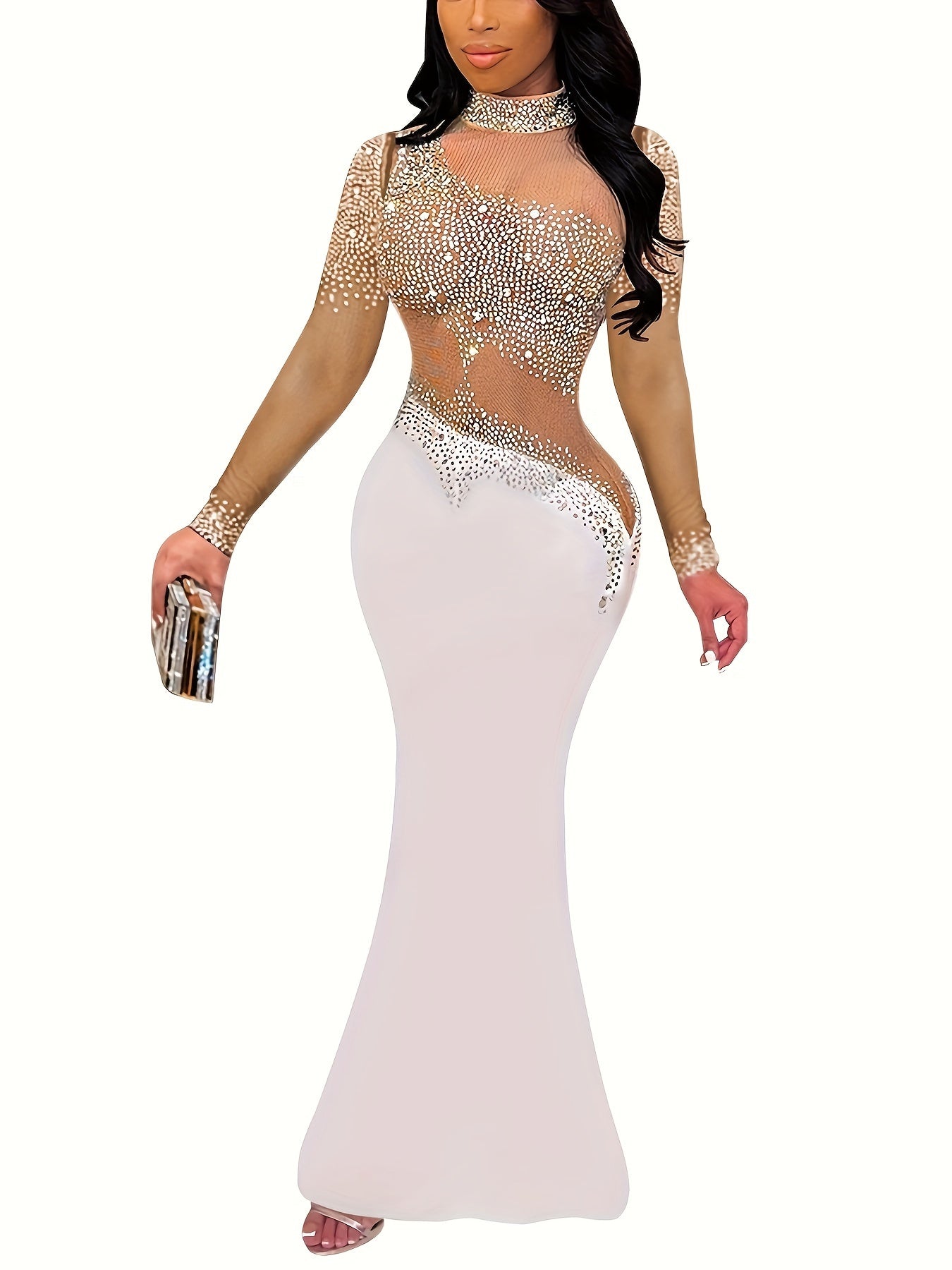 Women'S Elegant Long Sleeve Mermaid Gown - Polyester & Knit Fabric, Round Neck, Solid Color, Regular Sleeve, Long Length, Rhinestone Detail, Fish Tail Hem - Perfect for Spring/Autumn - Suitable for Formal Occasions - Ideal Gi