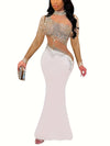 Women'S Elegant Long Sleeve Mermaid Gown - Polyester & Knit Fabric, Round Neck, Solid Color, Regular Sleeve, Long Length, Rhinestone Detail, Fish Tail Hem - Perfect for Spring/Autumn - Suitable for Formal Occasions - Ideal Gi