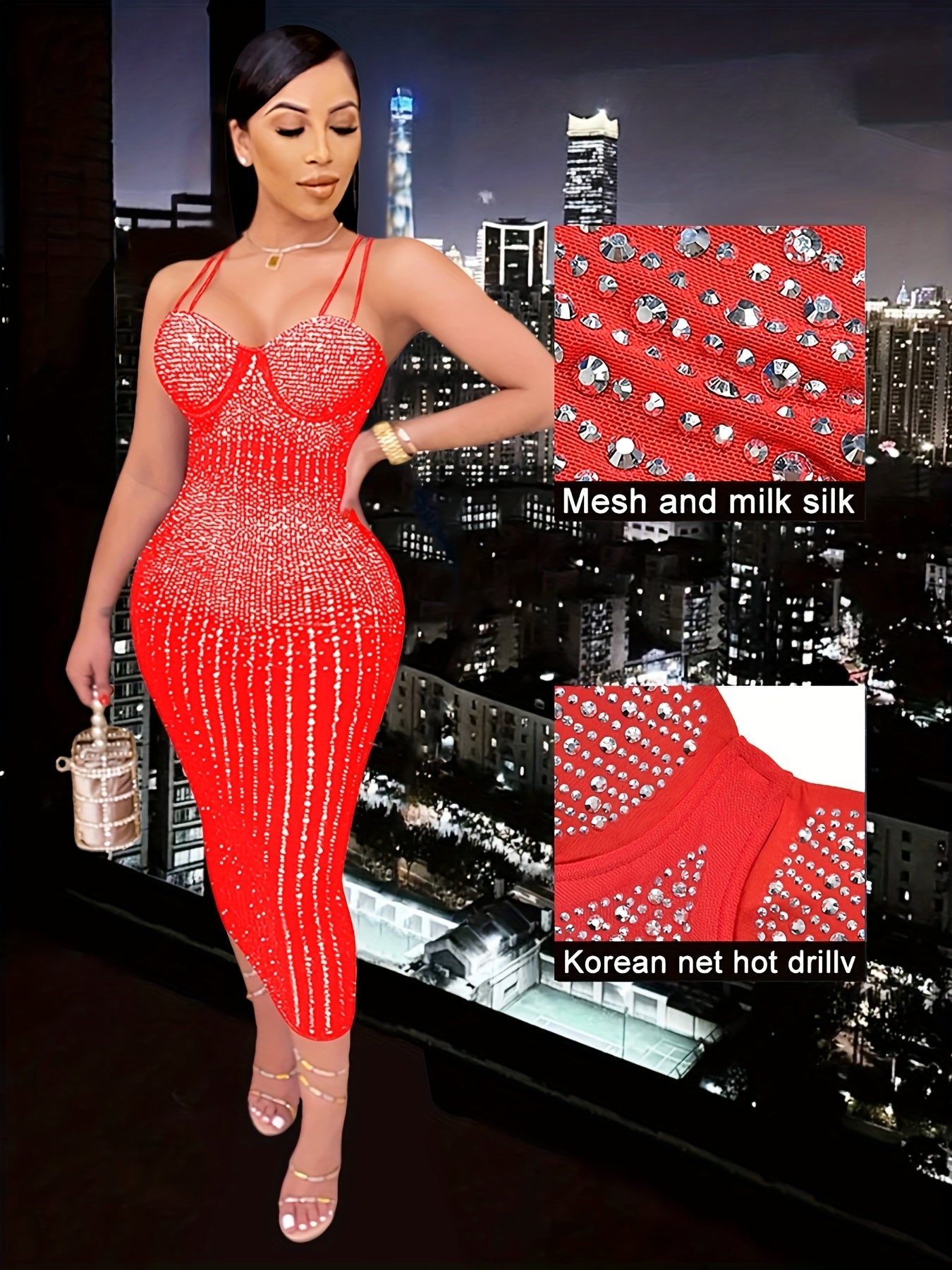 Elegant Off-Shoulder Rhinestone Halter Women'S Bodycon Dress - Sexy Mesh See-Through Long Sleeve Dress for Summer, Party, and Formal Events, Evening Event Attire | Halter Neck Dress | See-Through Mesh Fabric