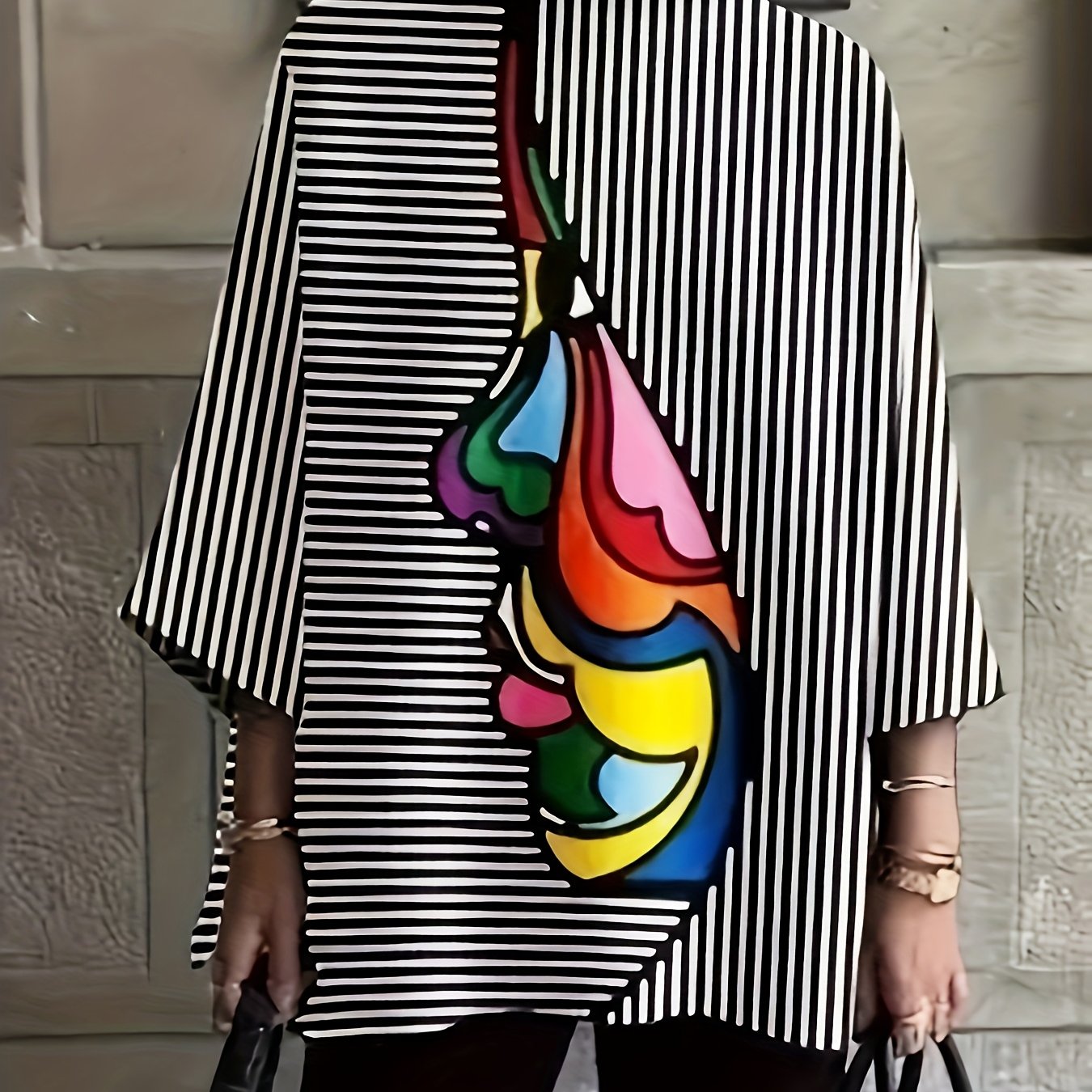 Women's Stylish Striped Long Sleeve Mock Neck Top - Casual Abstract Print Blouse in Black, White & Multicolor, Perfect for Spring/Fall, Ladies Blouses
