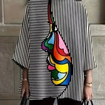 Women's Stylish Striped Long Sleeve Mock Neck Top - Casual Abstract Print Blouse in Black, White & Multicolor, Perfect for Spring/Fall, Ladies Blouses
