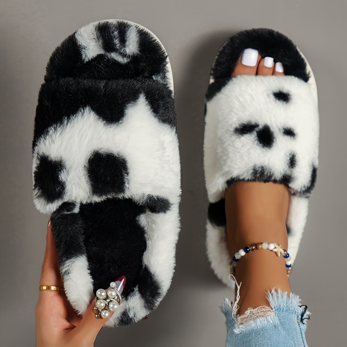 [Cozy Furry Slippers] Comfy Fluffy Furry House Slippers - Single Band Open Toe Platform Fuzzy Shoes - Cozy Warm Home Slippers