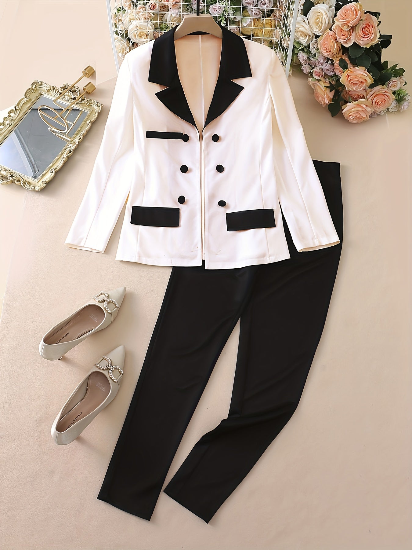 two-piece Color Block Blazer & Straight Leg Pant Set for Women, Casual Button-Front Blazer & Pants Outfit
