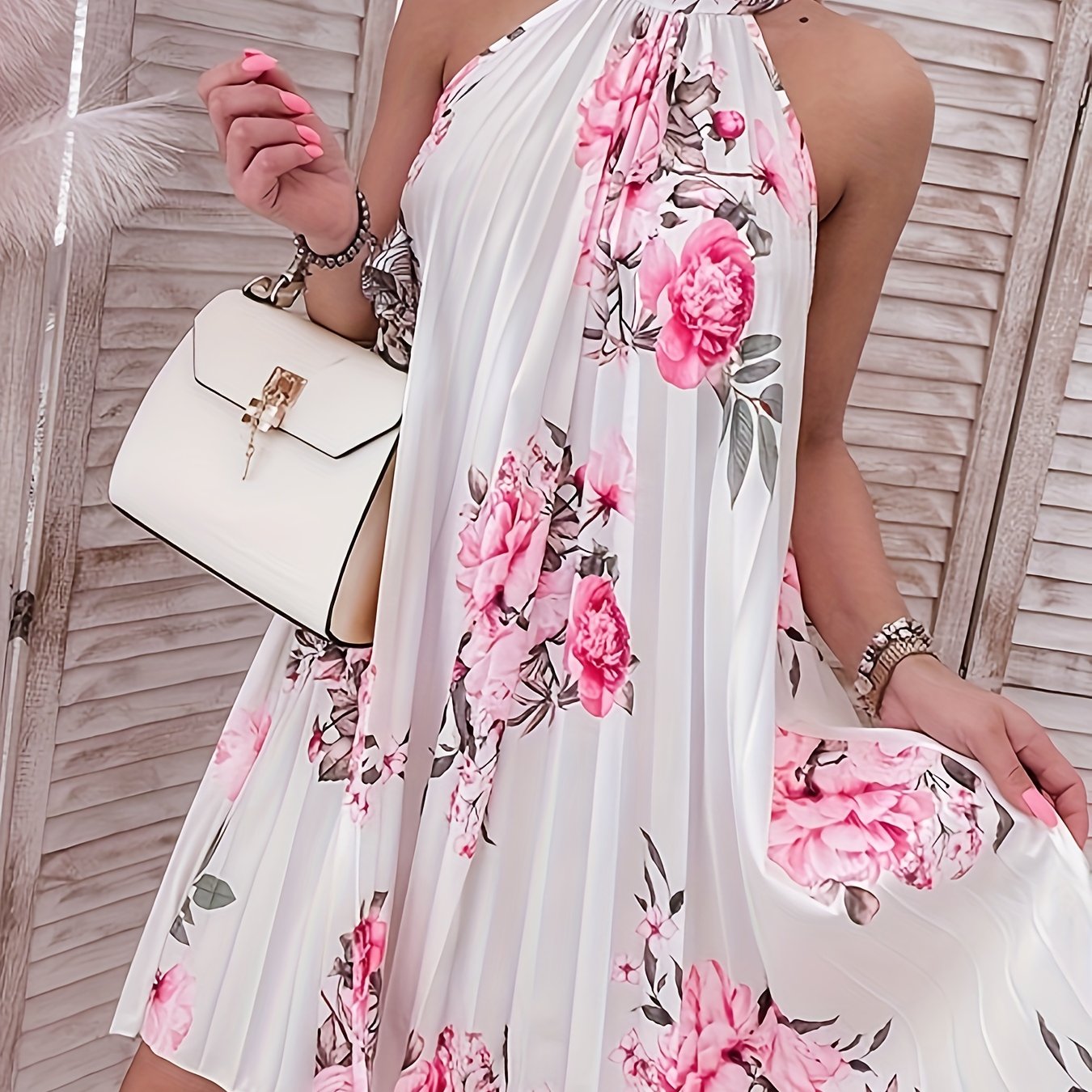 Spring-Summer Chic Choker Style Dress - Sleeveless, Floral Elegance, Women’s Perfect Sundress