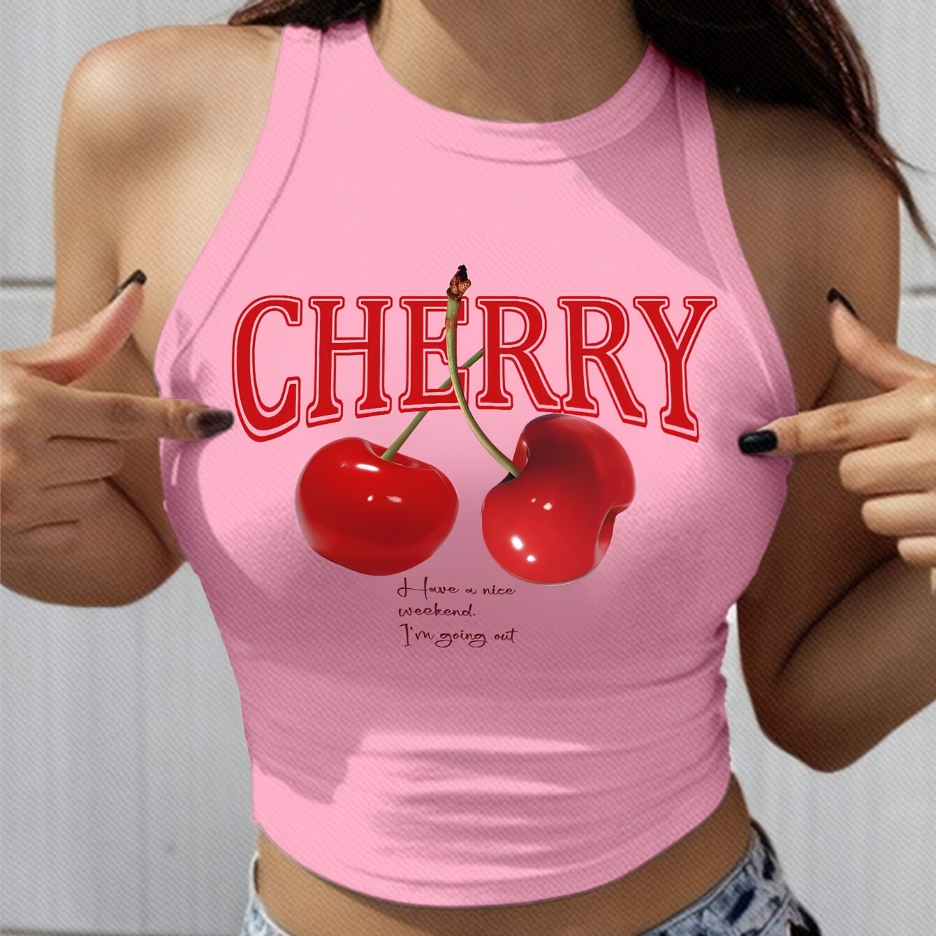 Women's Elegant Cherry Print Crop Top Tank - Stretchy Polyester Blend, Round Neck, Machine Washable, Semi-Sheer Geometric Pattern Sleeveless Vest