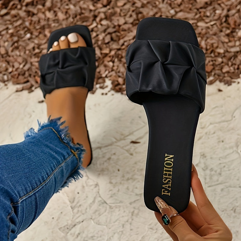 Stylish Pleated Slide Sandals for Women - Comfortable, Lightweight, Casual Square Open Toe Flat Shoes with Breathable Design for Summer - Easy Slip-On Style