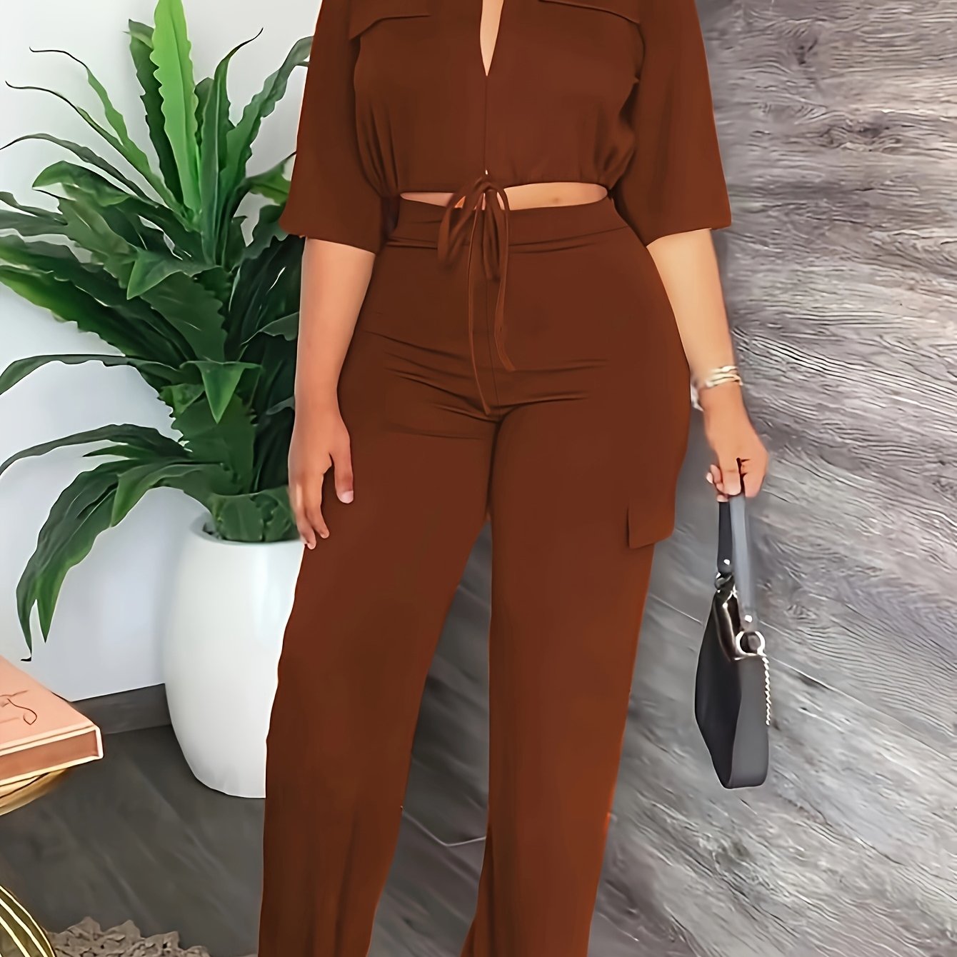 [Elegant Women's Outfit] Elegant Women's Outfit - High-Waisted Straight-Leg Pants with Drawstring Hem - Allseason Outfit, Glossy Fabric, European And American Style